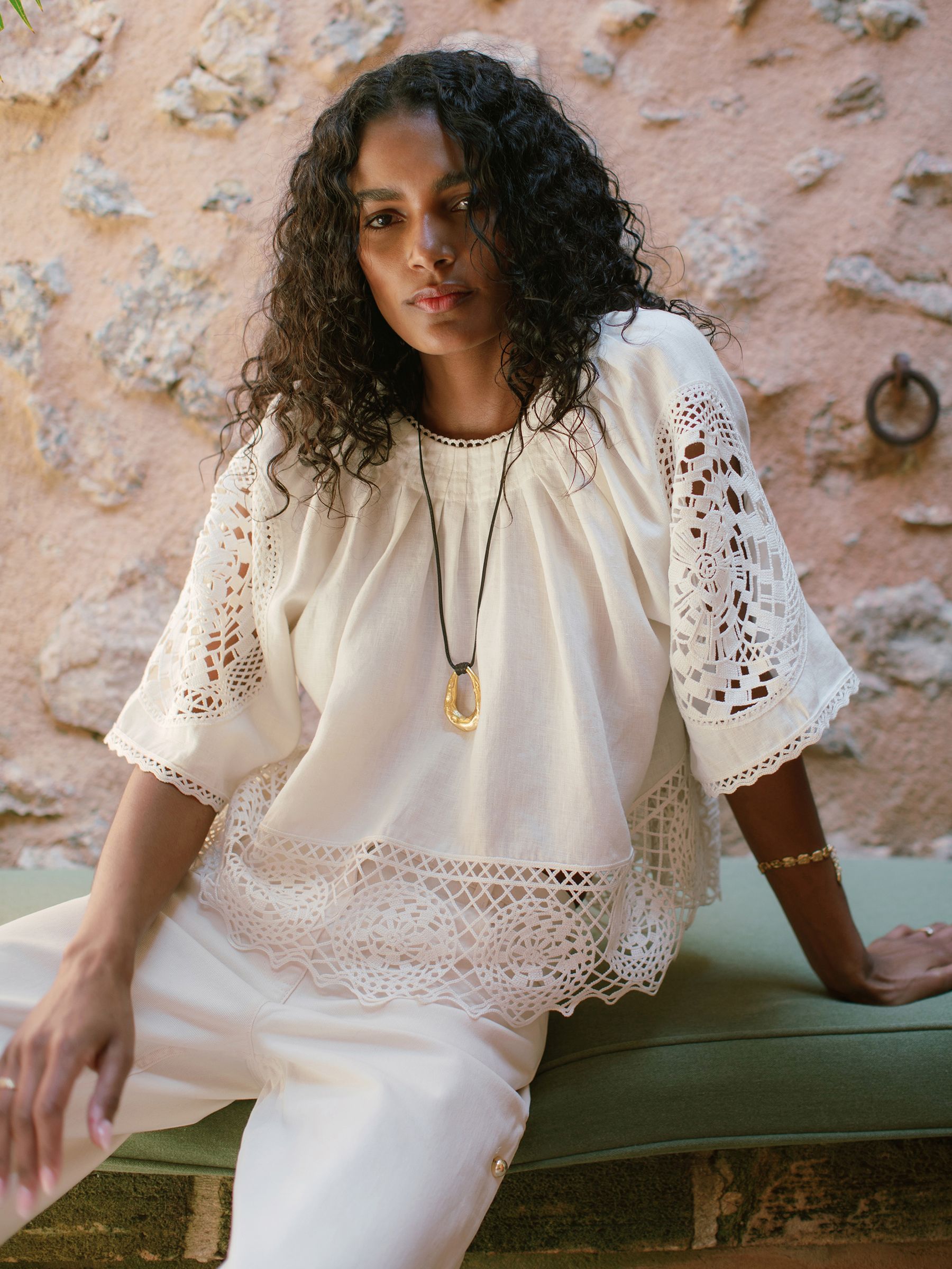 Reiss Linen Embroidered Swing Top in Ivory
