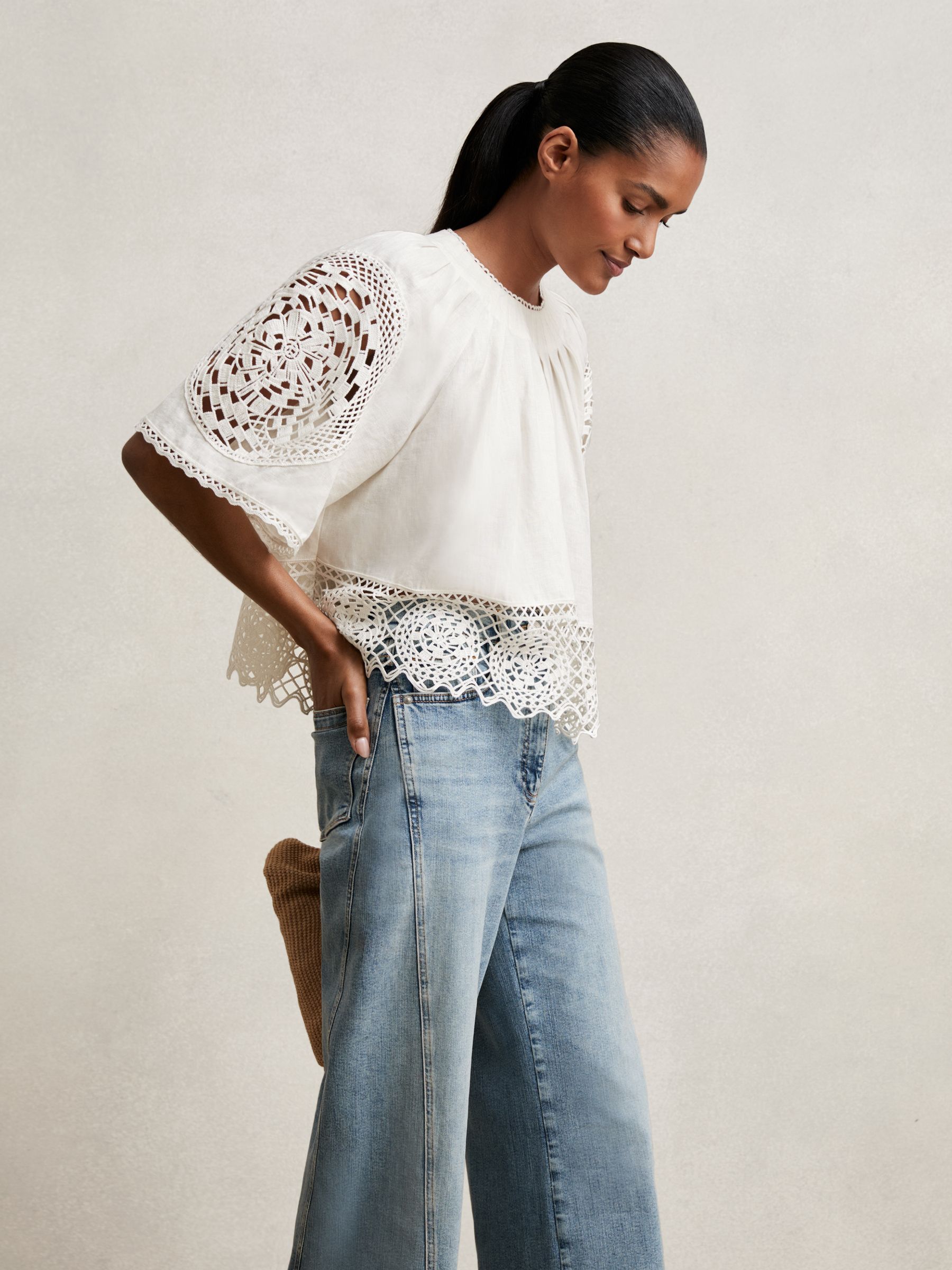 Linen Embroidered Swing Top in Ivory - image 3