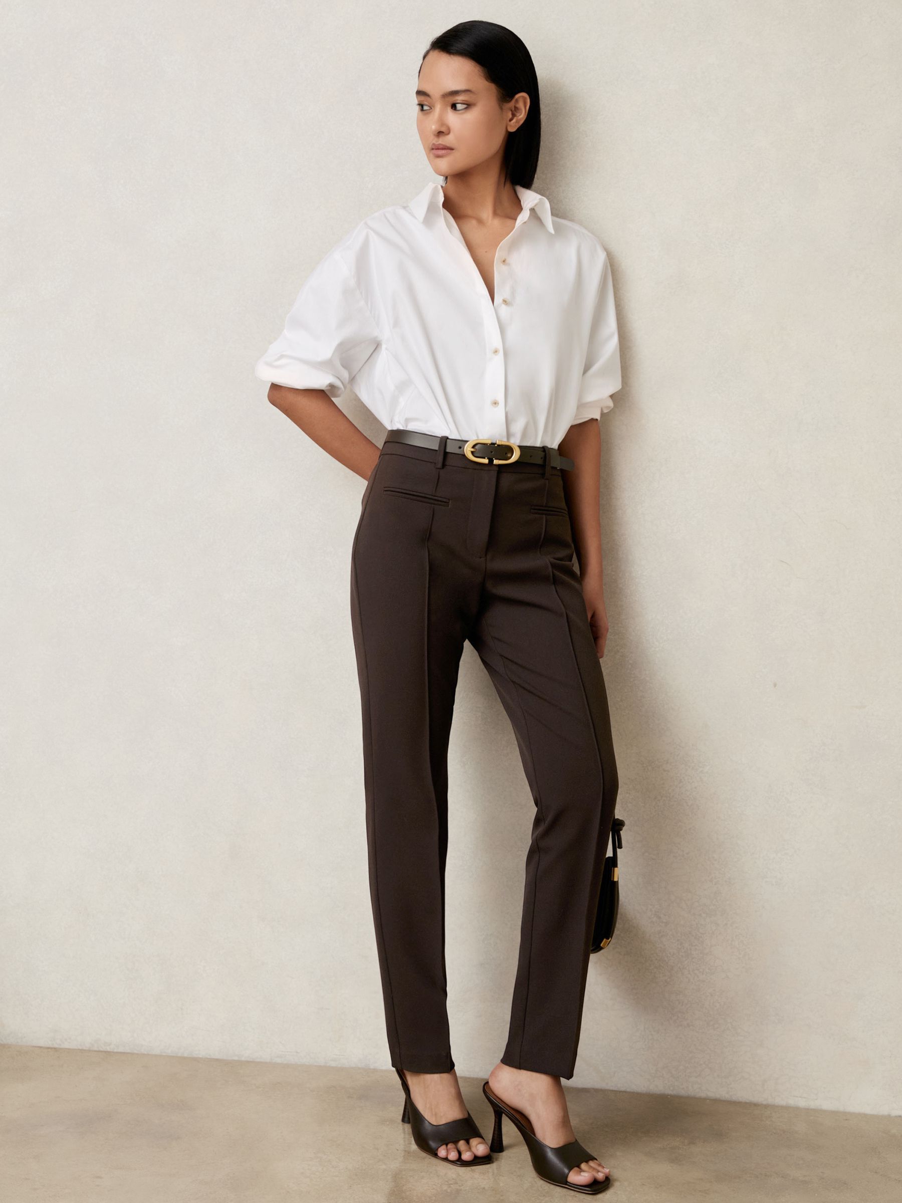 Pintuck Tapered Trousers in Chocolate Brown - Image 1 of 7