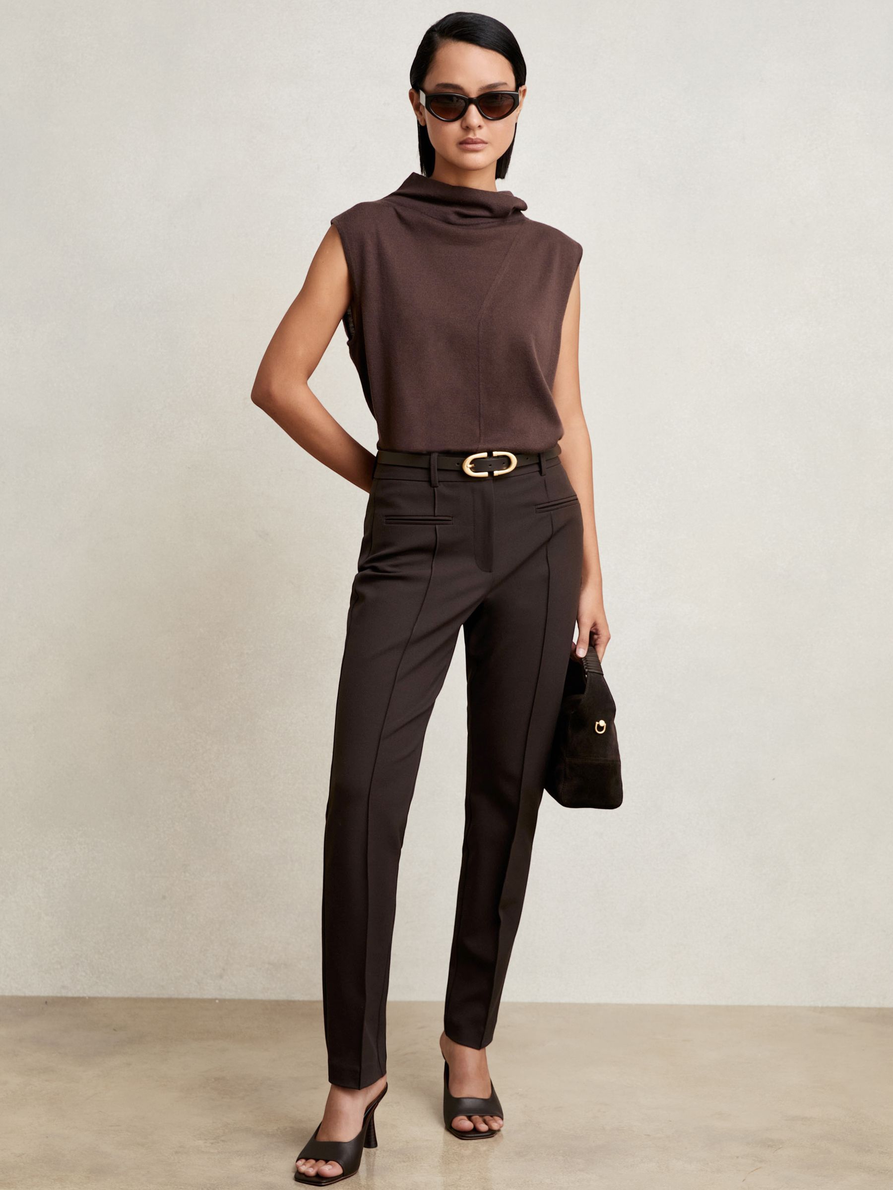 Pintuck Tapered Trousers in Chocolate Brown - Image 6 of 7