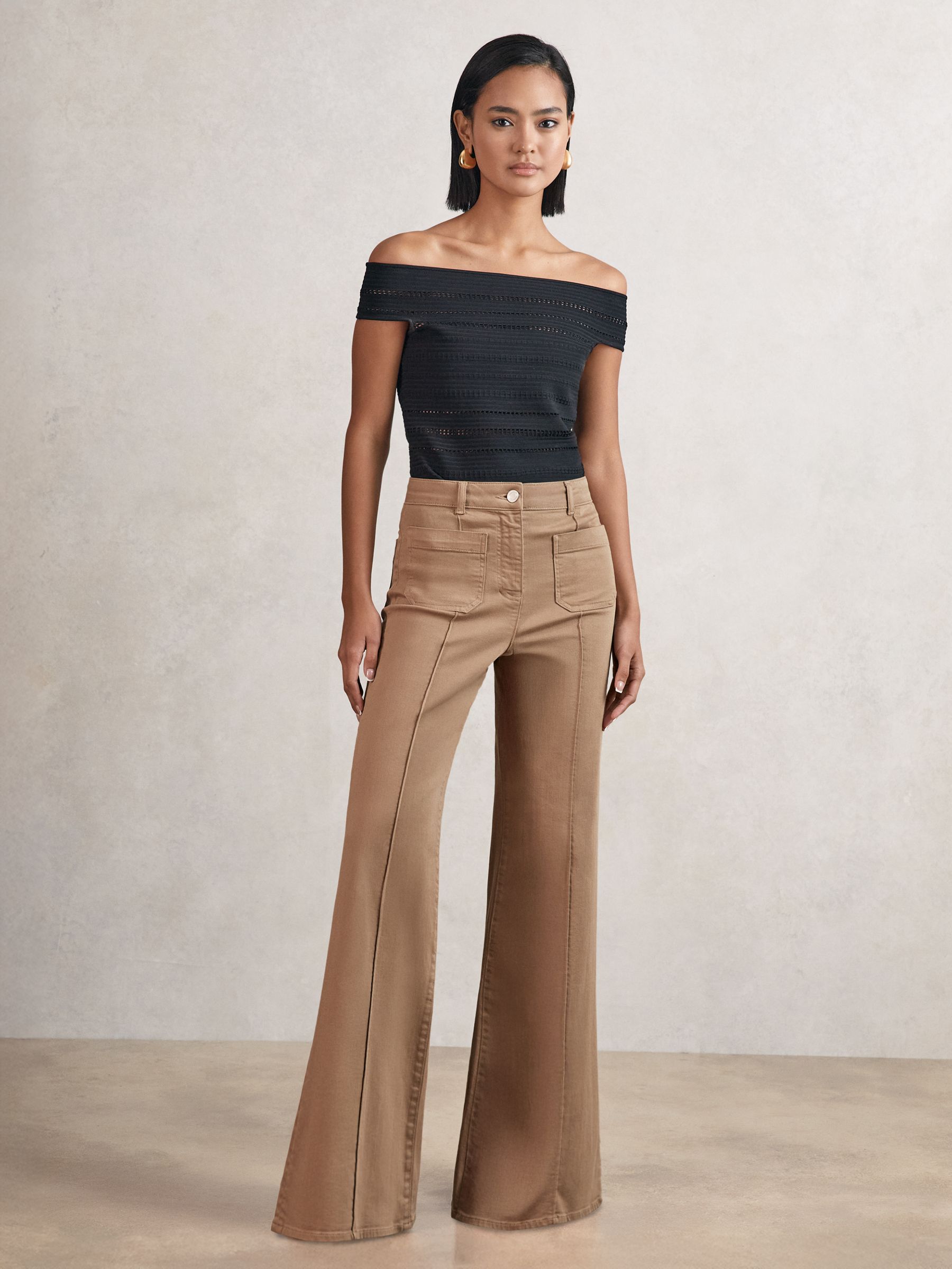 Petite Patch-Pocket Flared Jeans in Taupe Neutral - Image 1 of 7 Petite Patch-Pocket Flared Jeans in Taupe Neutral - Image 1 of 7