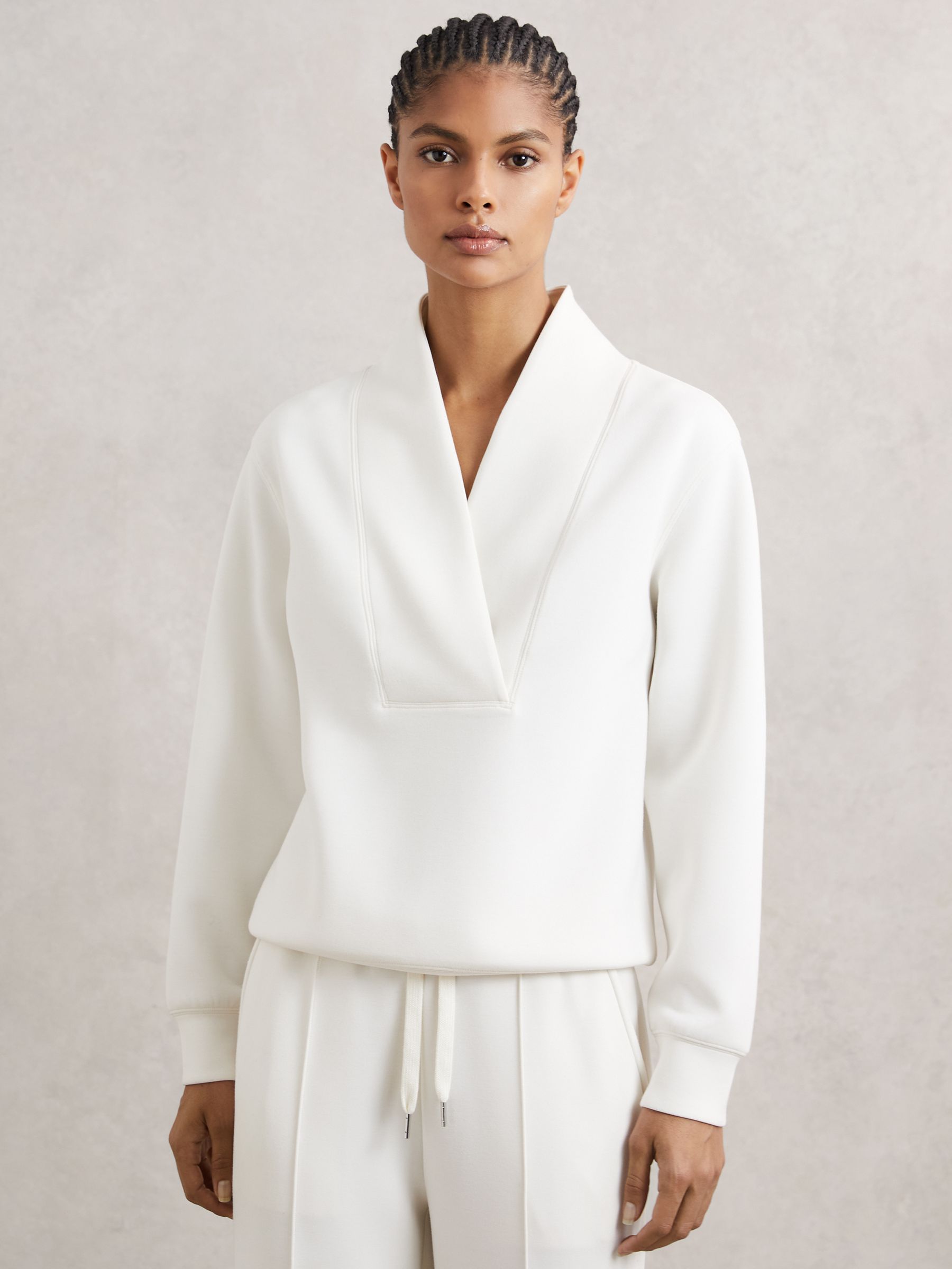 Interlock Shawl-Neck Sweatshirt with Modal in Ivory - Image 3 of 6