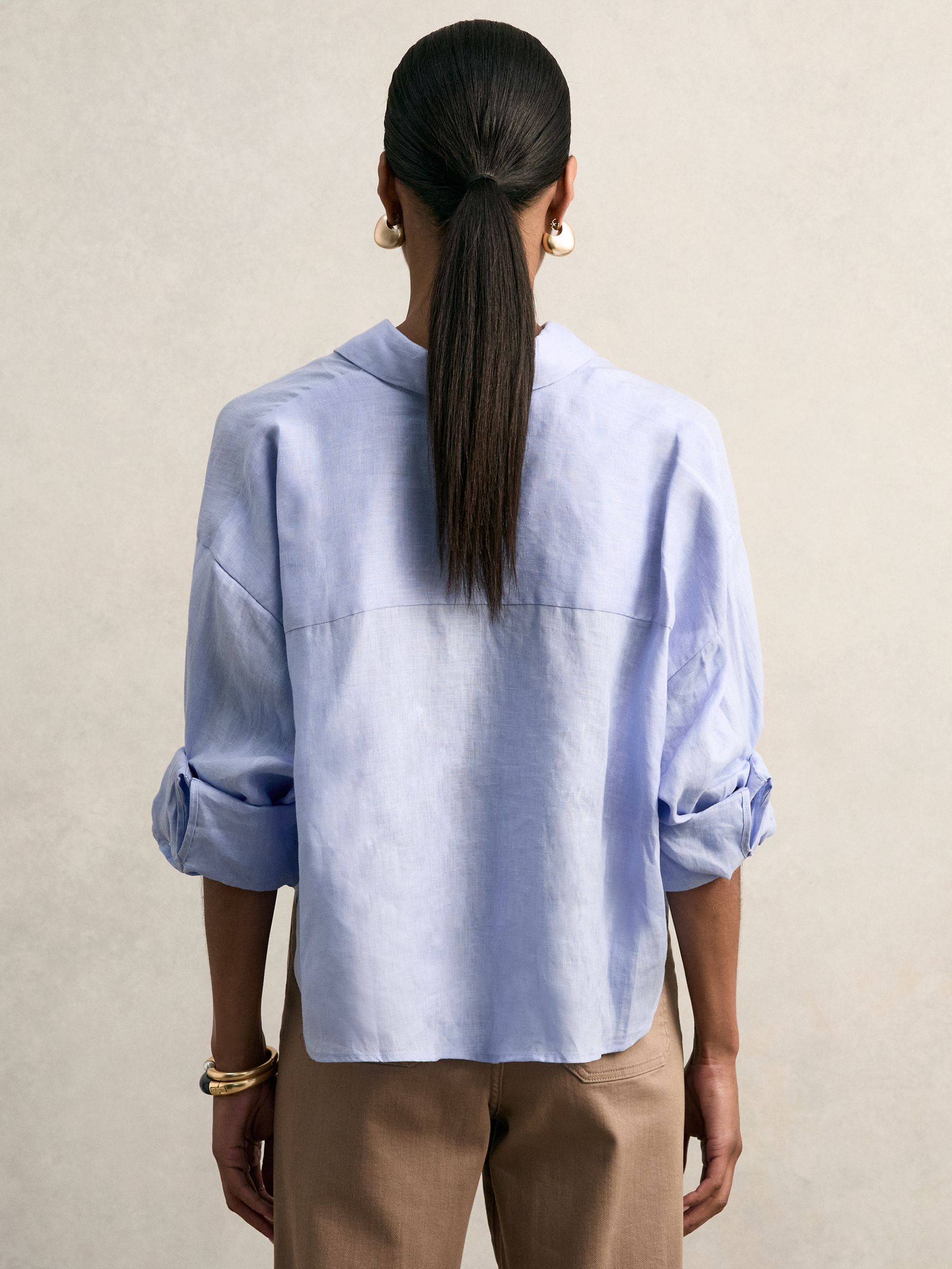 Linen Oversize Cropped Shirt in Blue - image 5