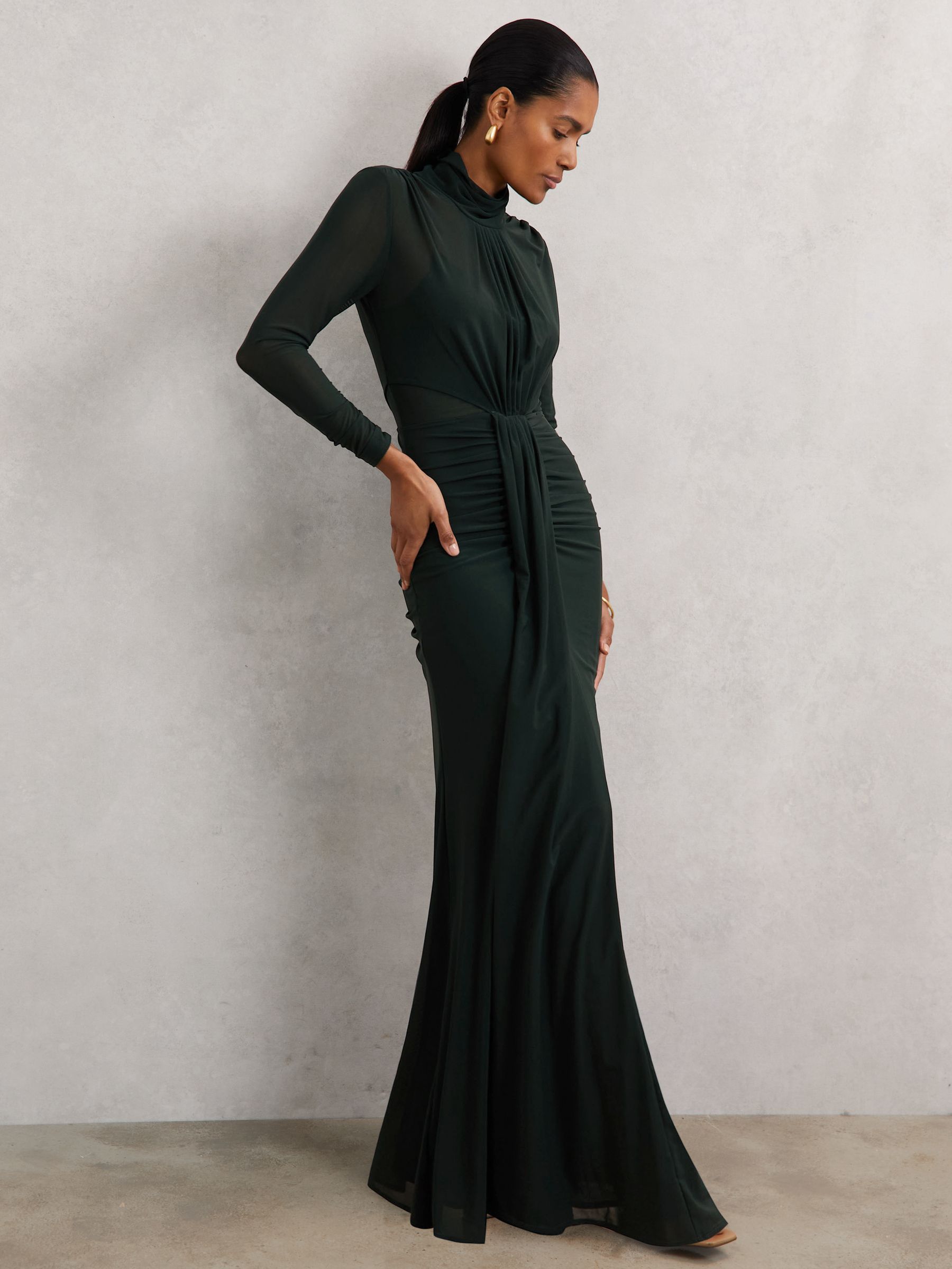 Ruched Long-Sleeve Maxi Dress in Dark Green - Image 1 of 6