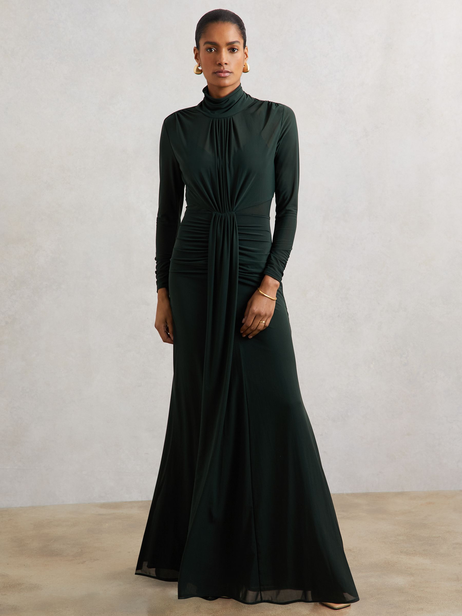 Reiss Ruched Long-Sleeve Maxi Dress in Dark Green - REISS