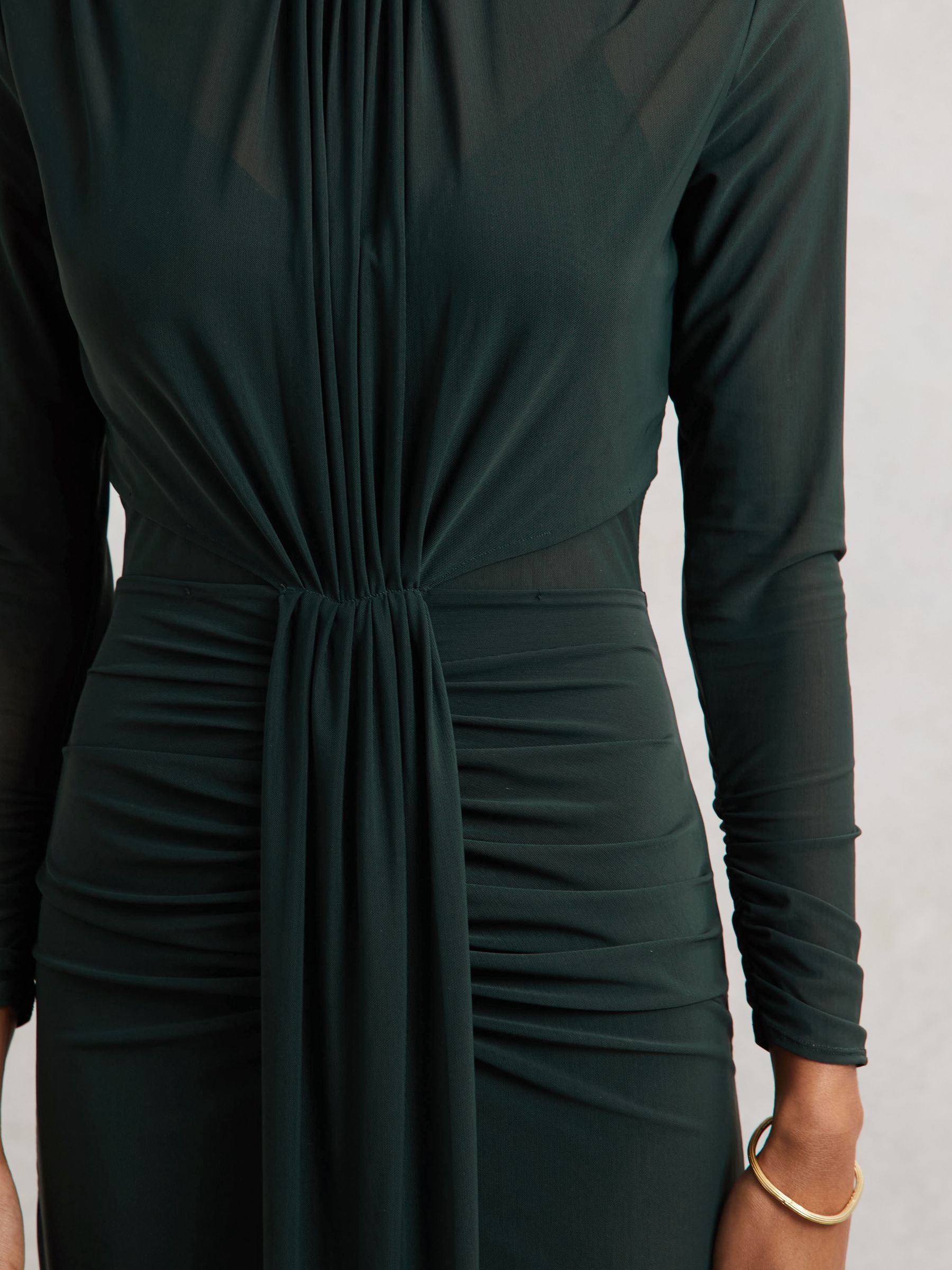 Ruched Long-Sleeve Maxi Dress in Dark Green - Image 4 of 6