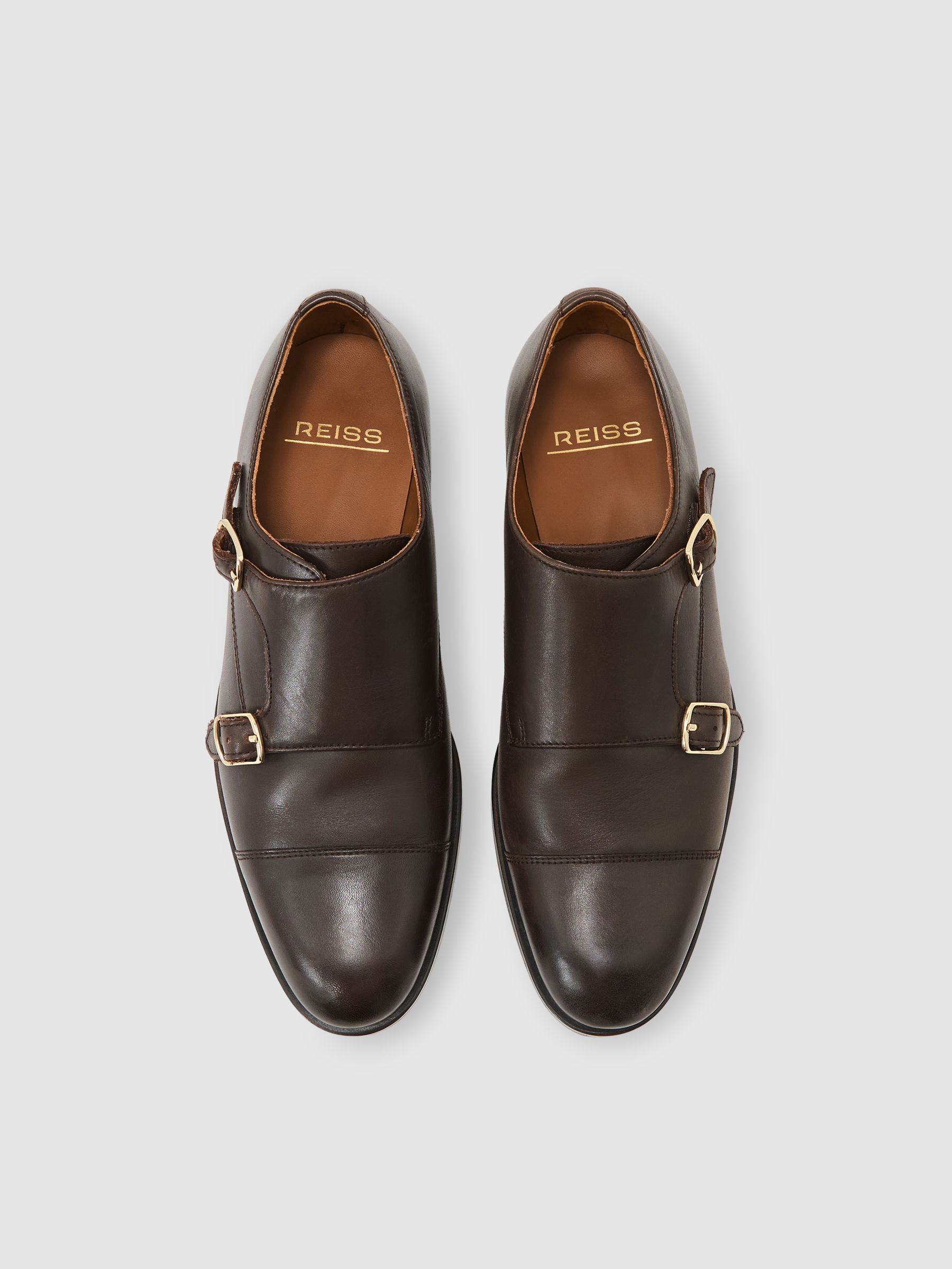 Leather Double Monk Strap Shoes in Dark Brown - Image 3 of 6