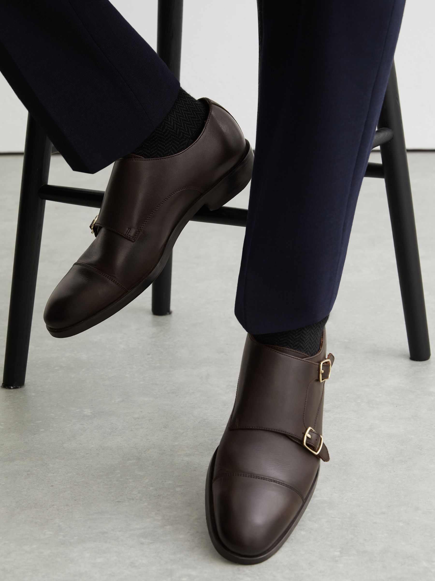 Leather Double Monk Strap Shoes in Dark Brown - image 4