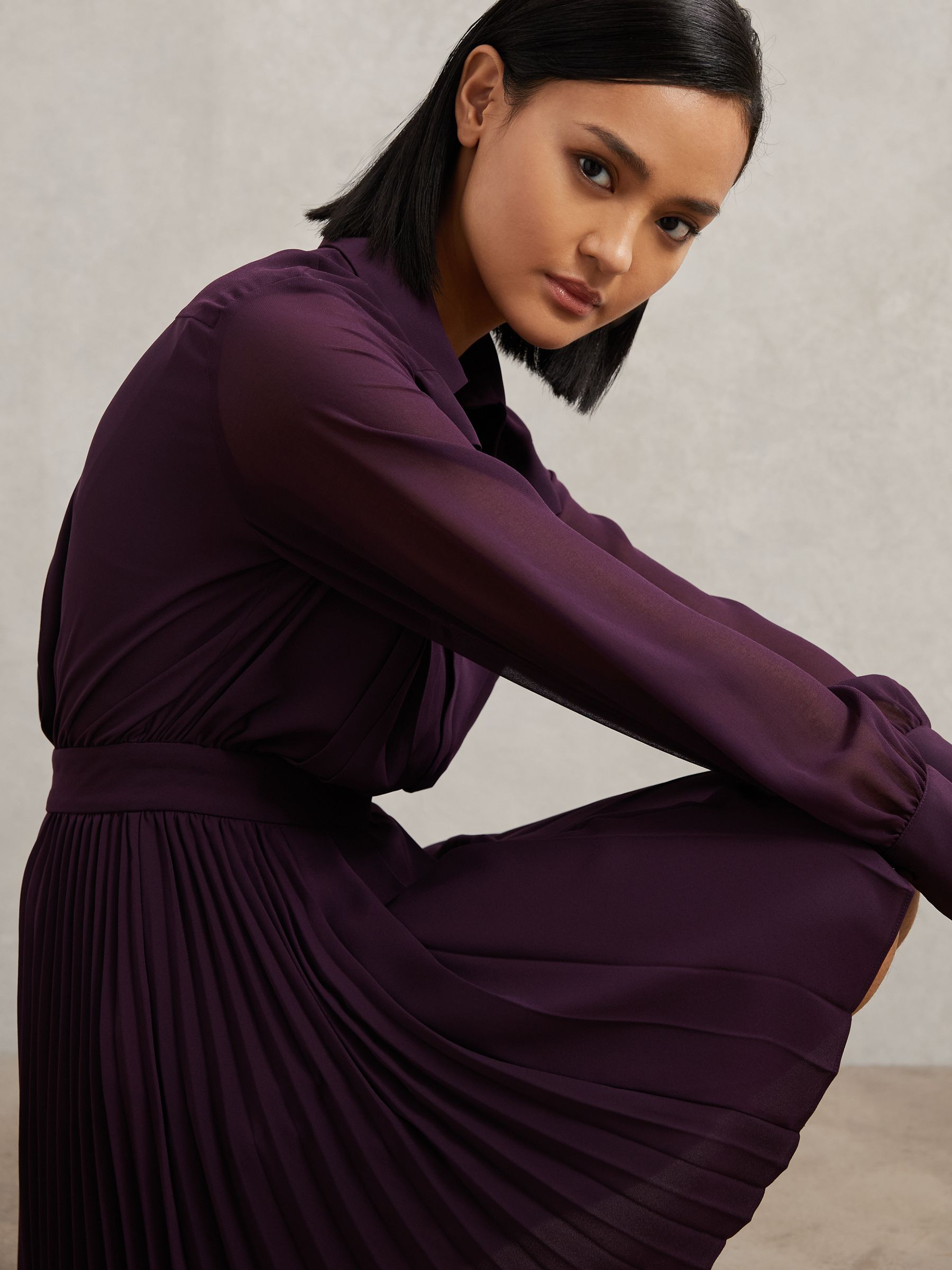 Pleated Sheer-Sleeve Mini Dress in Burgundy - Image 1 of 7
