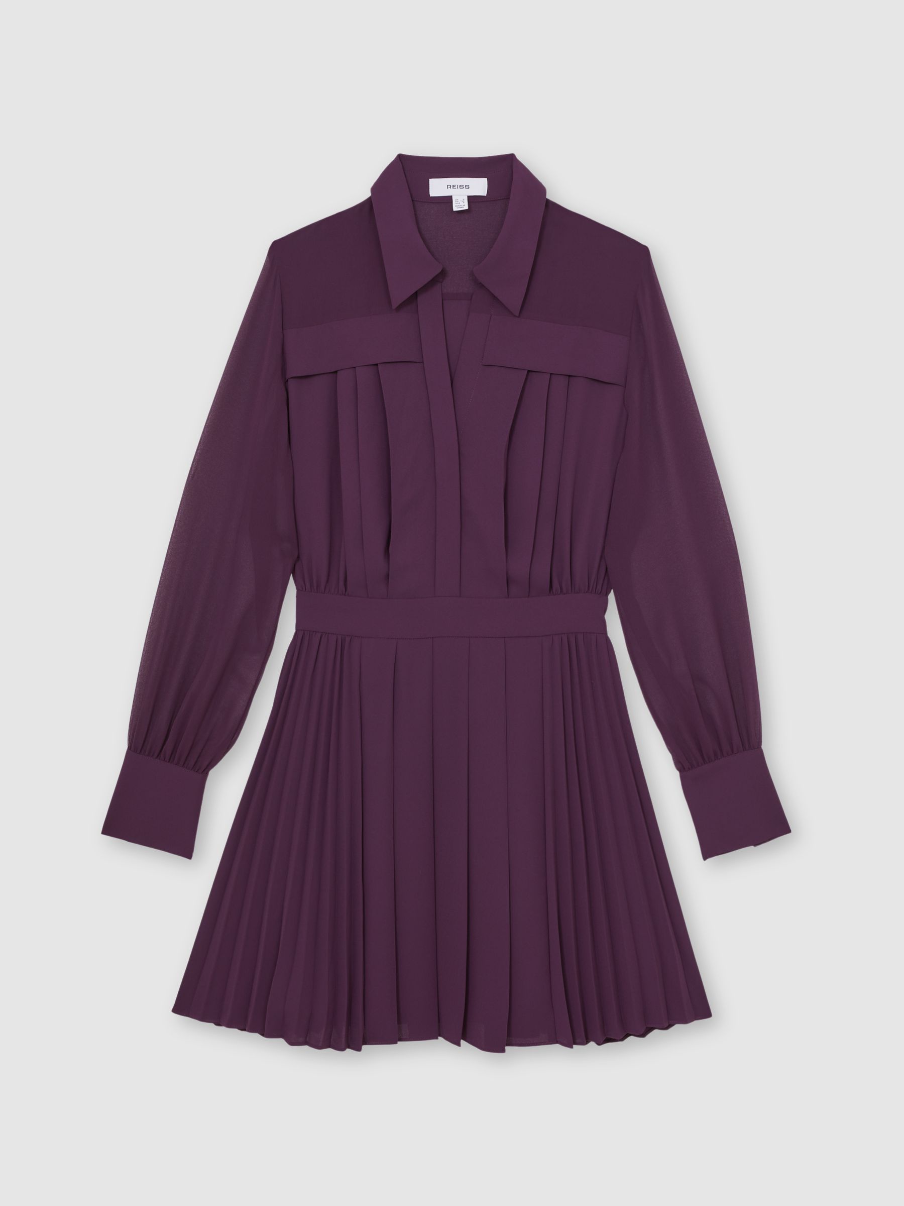 Pleated Sheer-Sleeve Mini Dress in Burgundy - Image 2 of 7