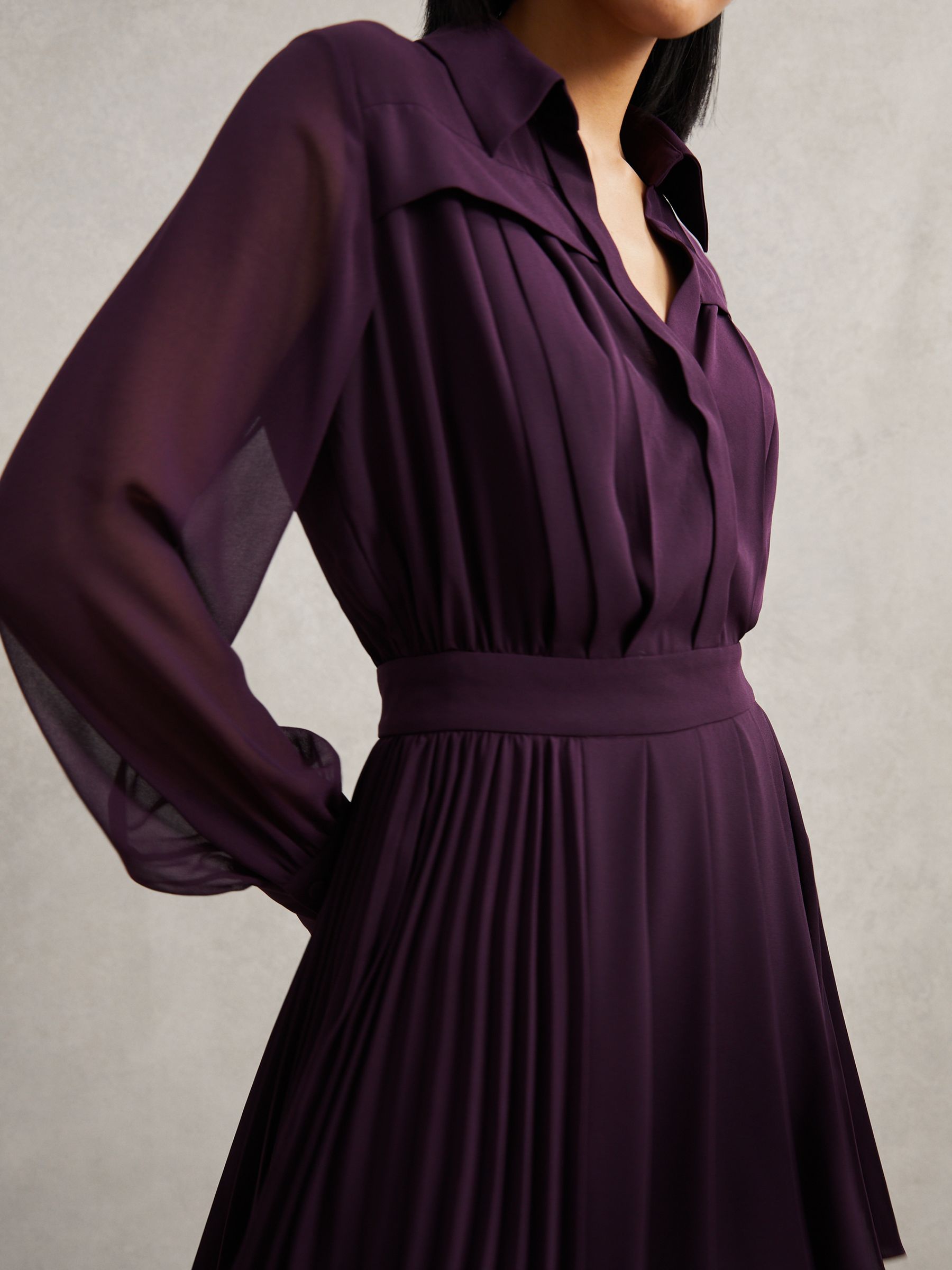 Pleated Sheer-Sleeve Mini Dress in Burgundy - Image 3 of 7