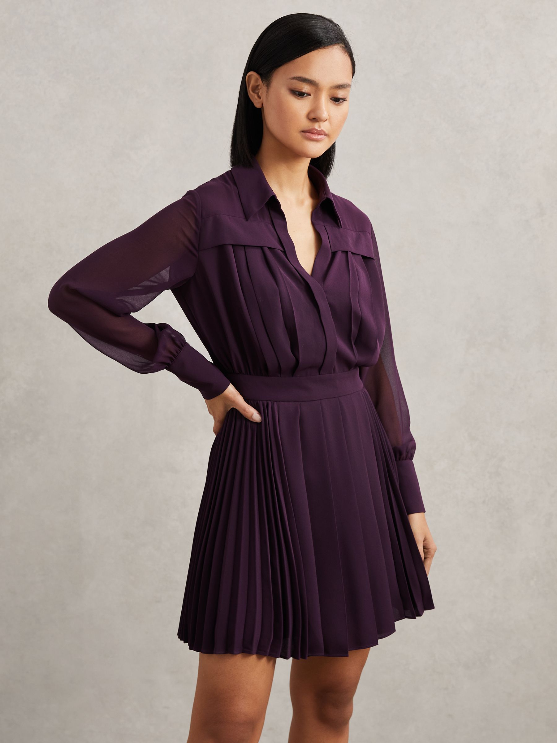 Pleated Sheer-Sleeve Mini Dress in Burgundy - Image 4 of 7