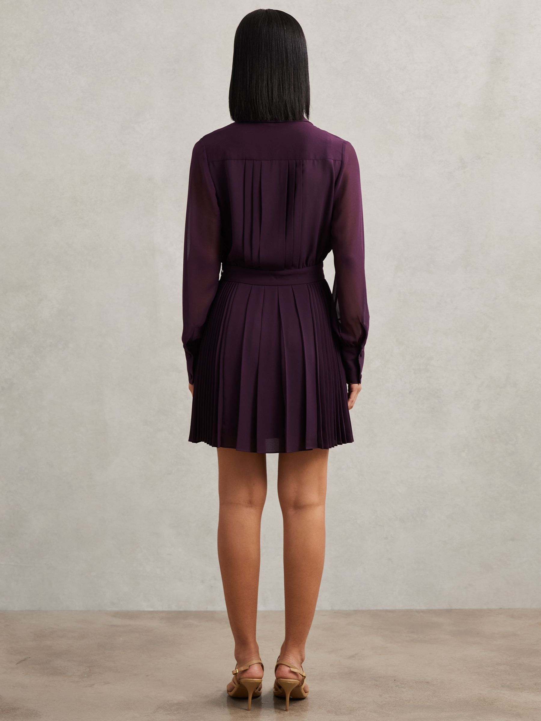 Pleated Sheer-Sleeve Mini Dress in Burgundy - Image 6 of 7