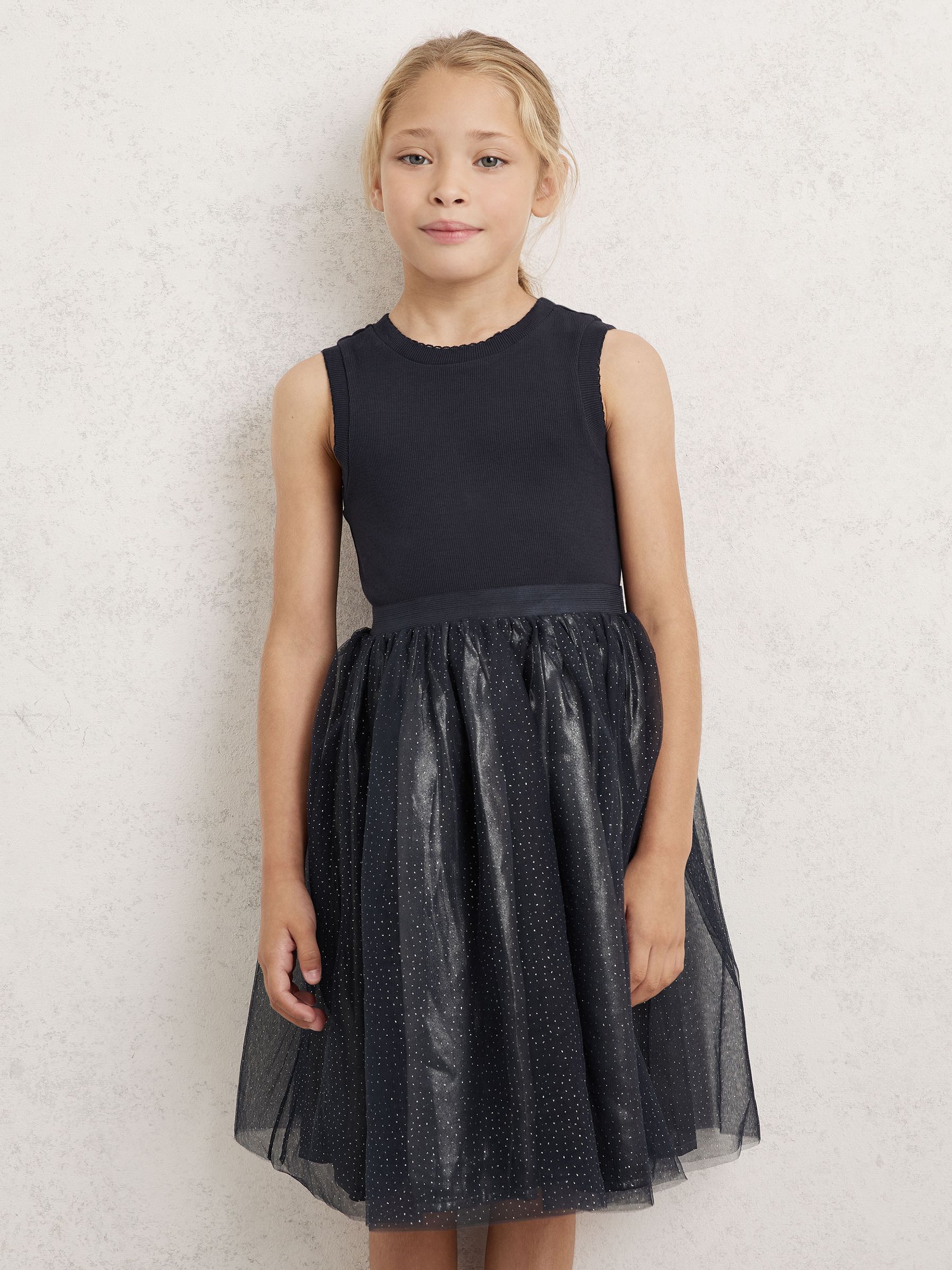 Knit-Bodice Tulle Dress in Navy - Image 1 of 4