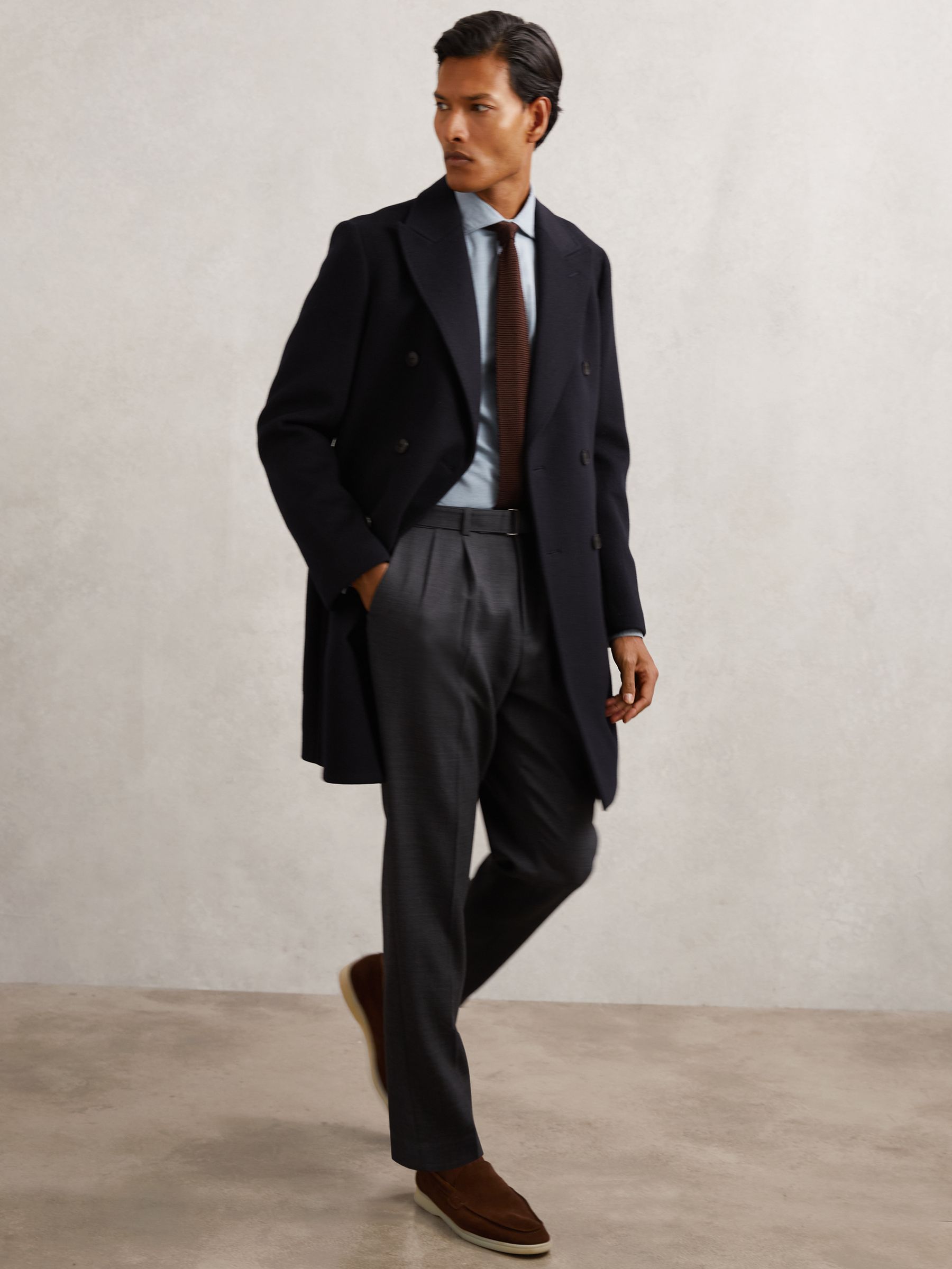 Wool-Blend Double-Breasted Overcoat in Navy - Image 1 of 7 Wool-Blend Double-Breasted Overcoat in Navy - Image 1 of 7