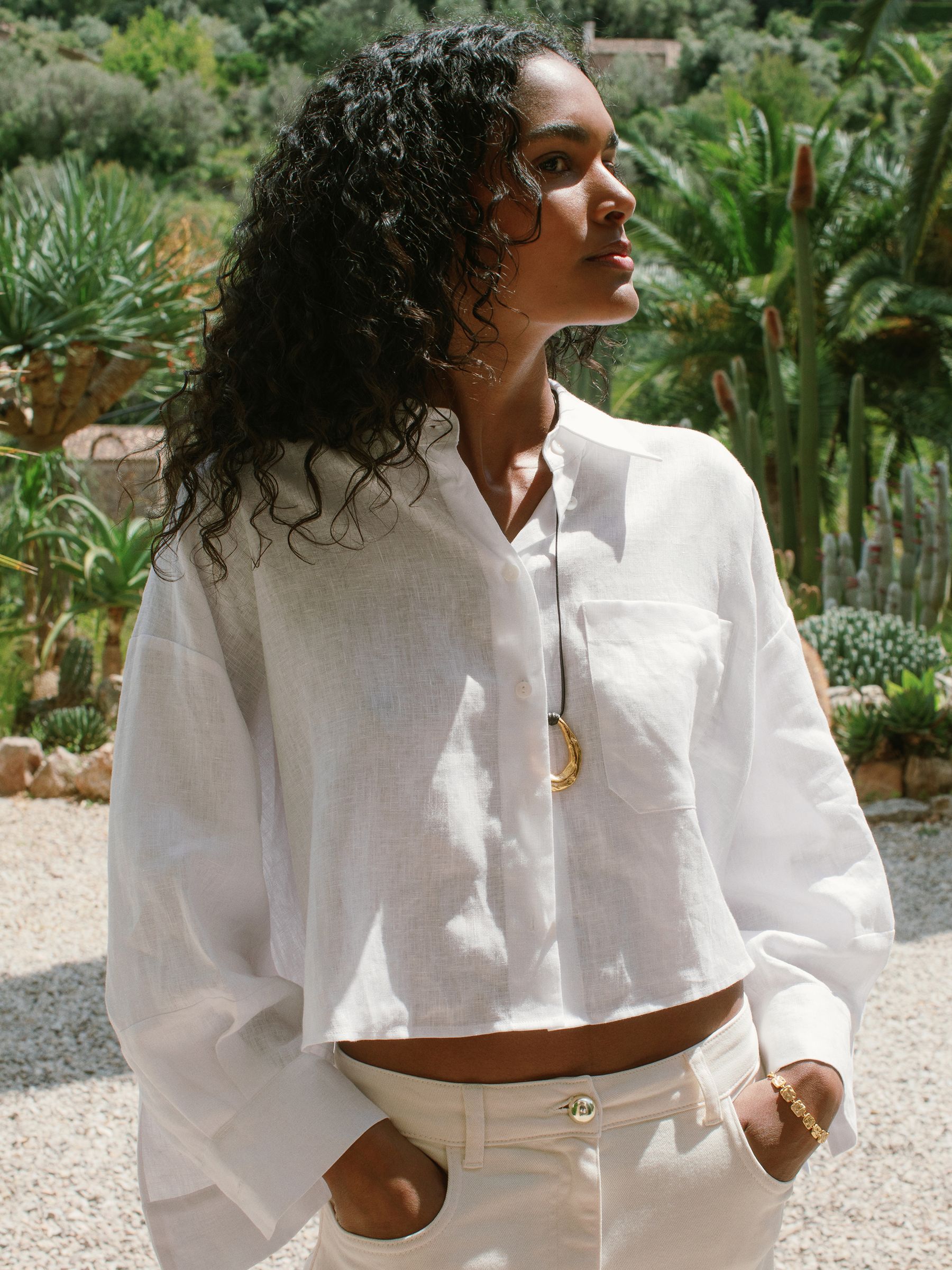 Oversize Linen Cropped Shirt in White - Image 1 of 9
