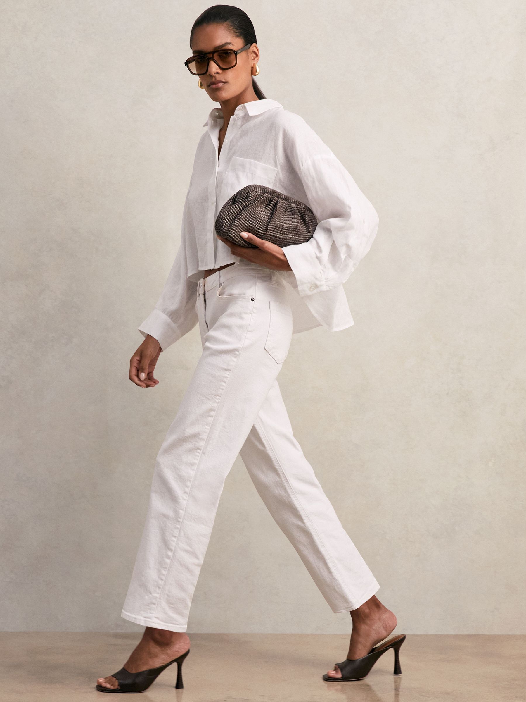 Oversize Linen Cropped Shirt in White - Image 3 of 9