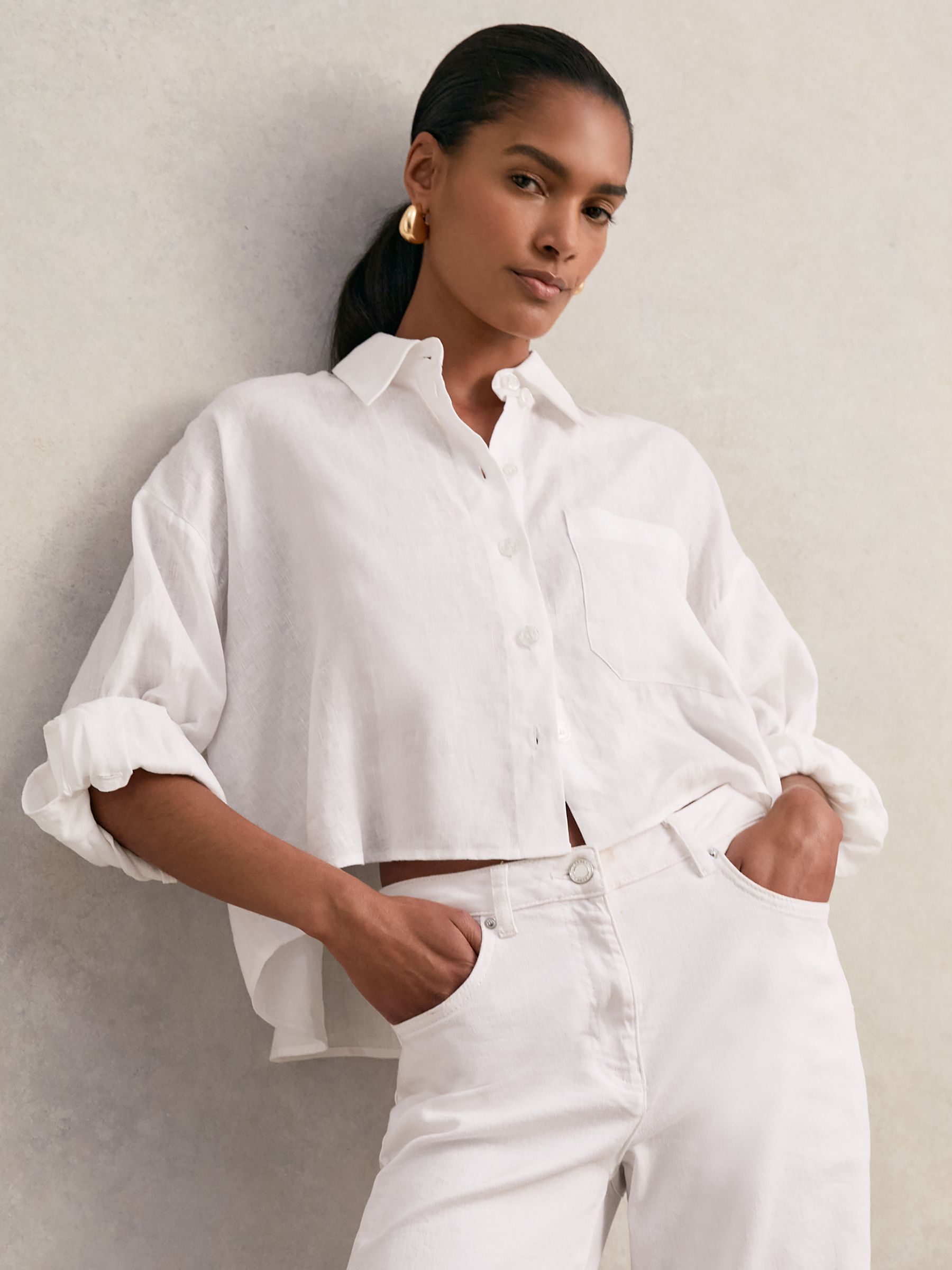 Oversize Linen Cropped Shirt in White - Image 5 of 9