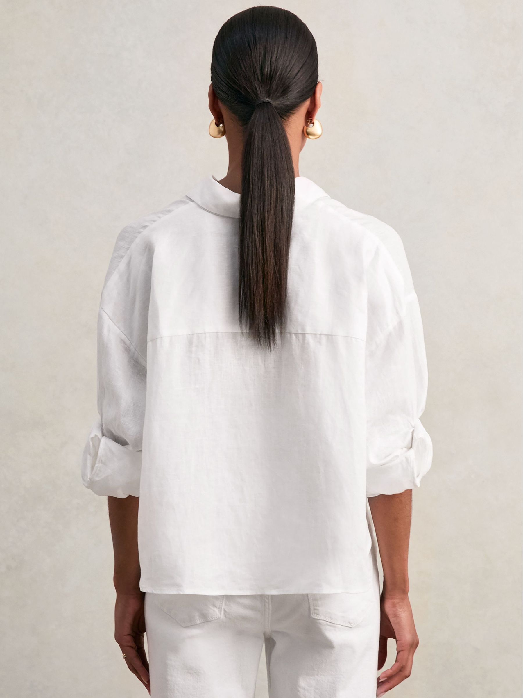 Reiss Linen Oversize Cropped Shirt in White | REISS