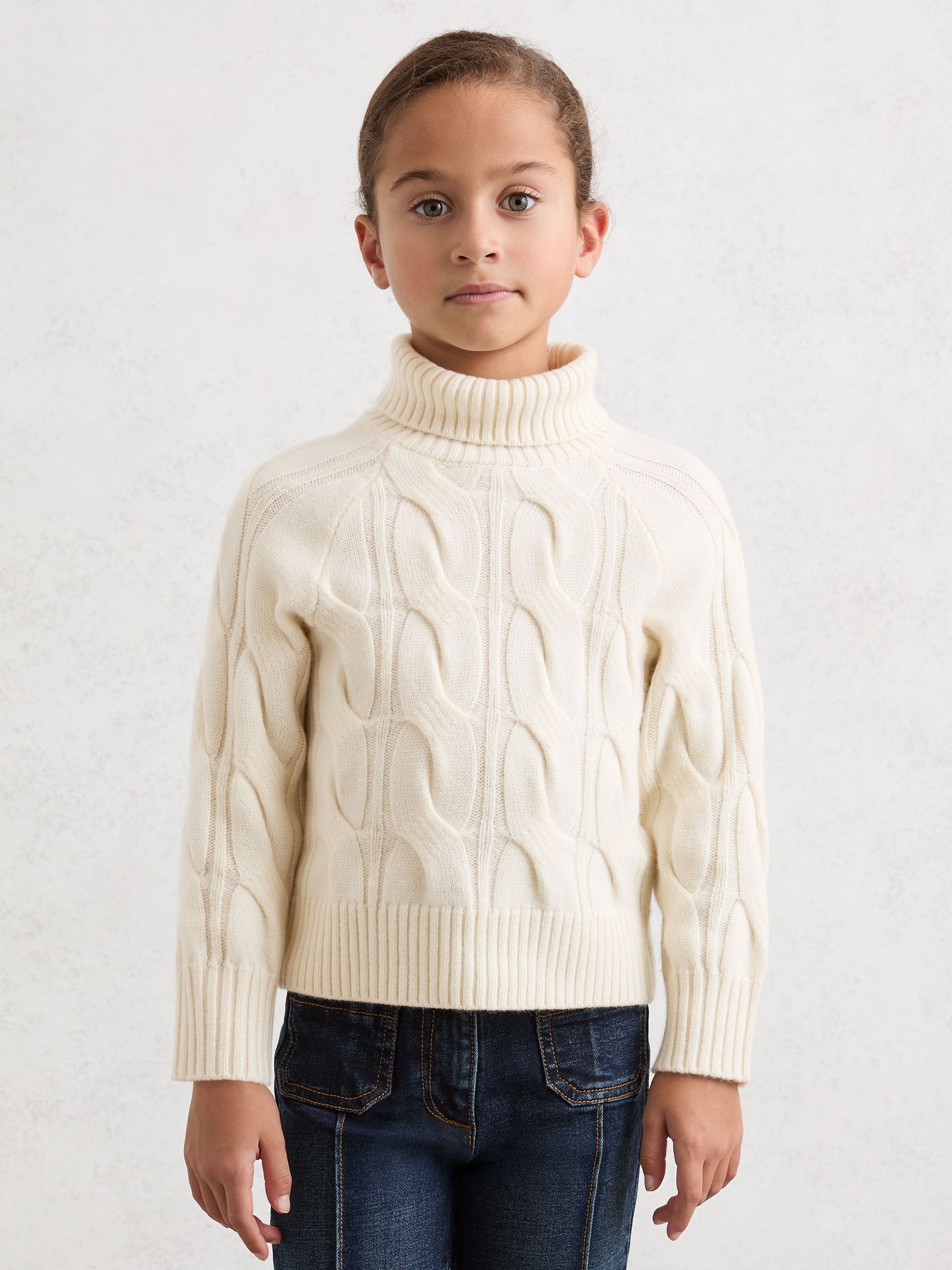 9-13 yrs Wool Roll-Neck Cable-Knit Jumper in Ivory - Image 1 of 5