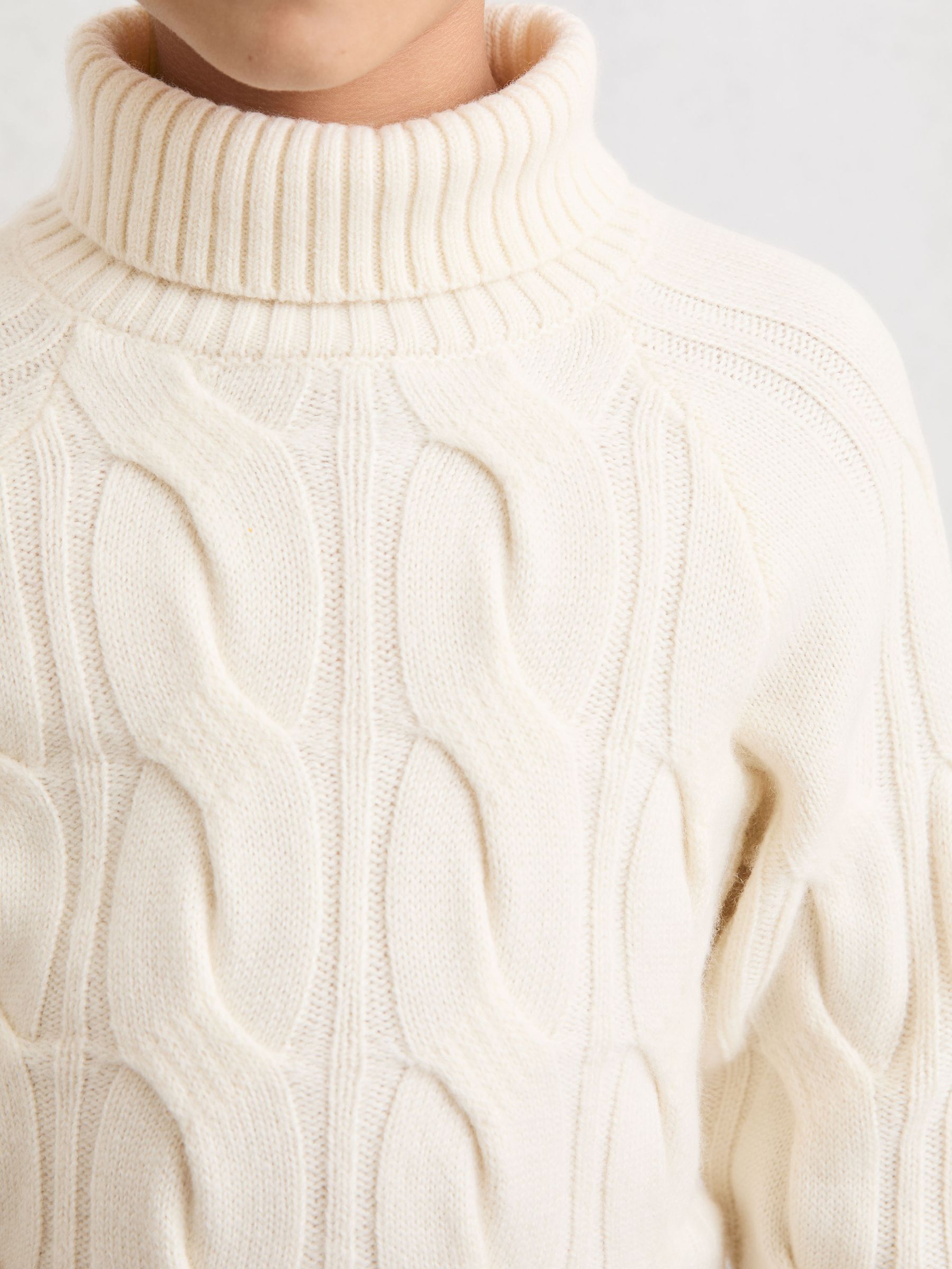 9-13 yrs Wool Roll-Neck Cable-Knit Jumper in Ivory - Image 4 of 5
