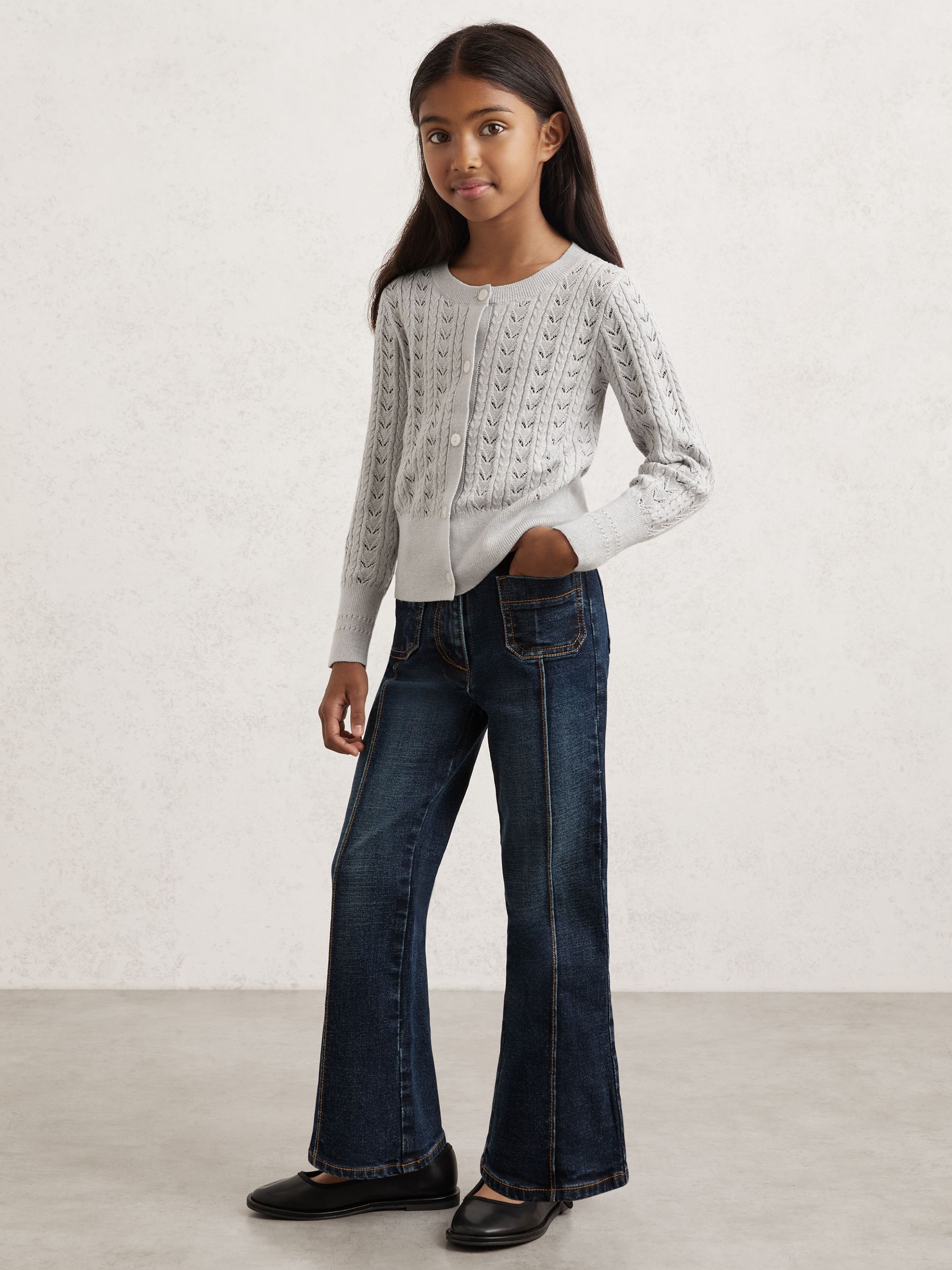 3-9 yrs Cotton And Wool Blend Pointelle Cardigan in Grey - Image 1 of 4