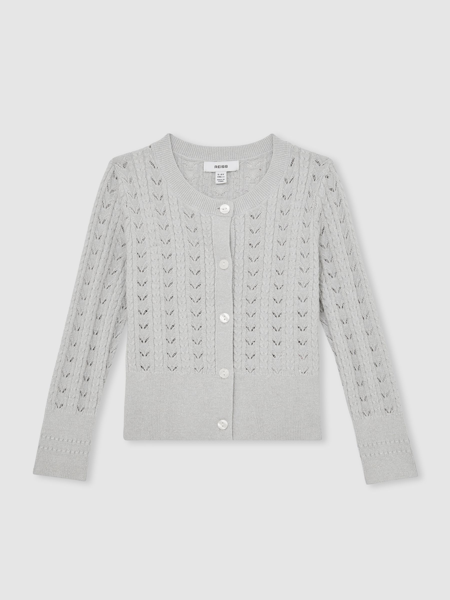 3-9 yrs Cotton And Wool Blend Pointelle Cardigan in Grey - Image 2 of 4