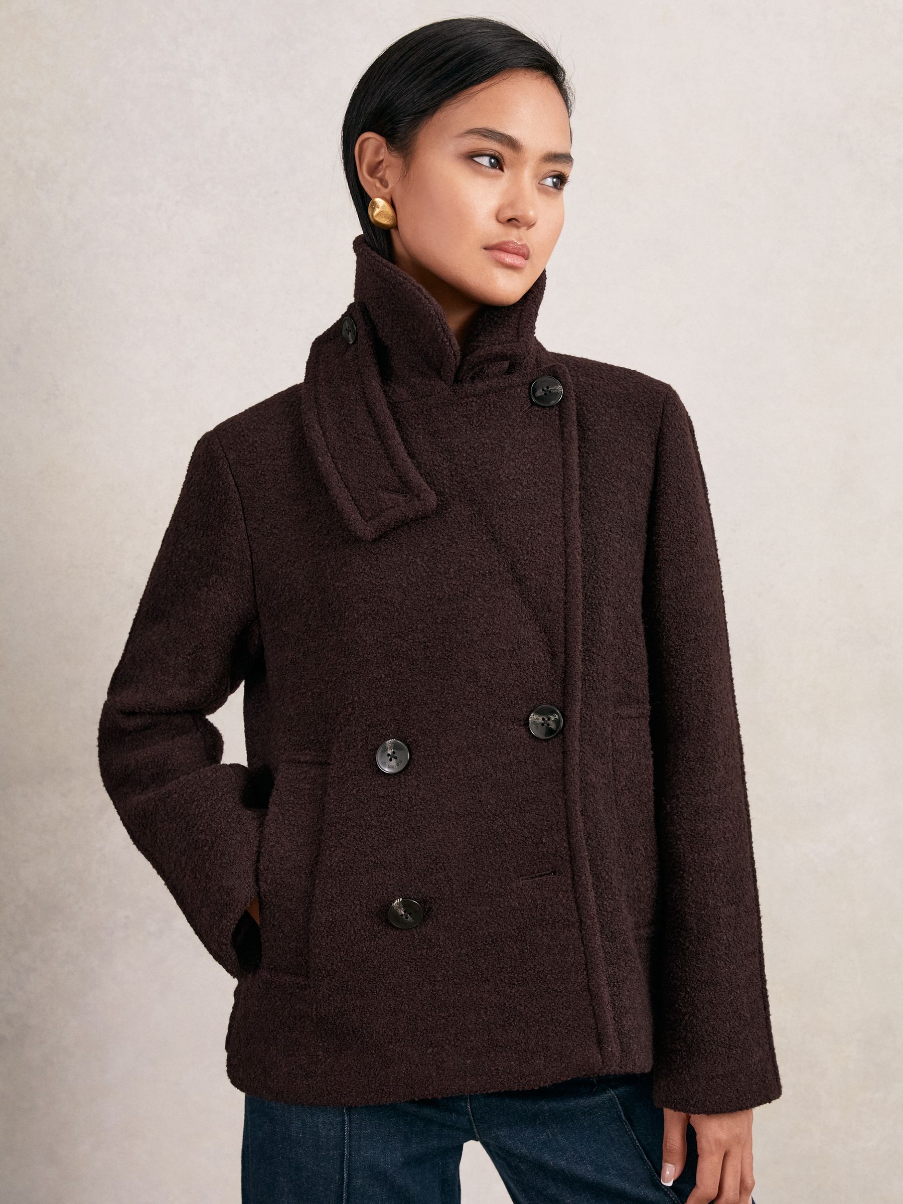 Wool-Blend Double-Breasted Short Coat in Burgundy - image 3