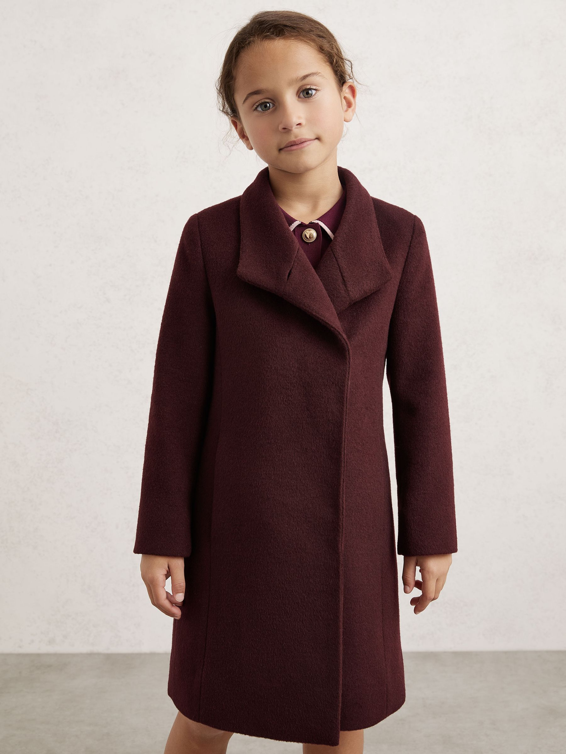 9-12 yrs Wool-Blend Funnel-Neck Coat in Burgundy - Image 3 of 4