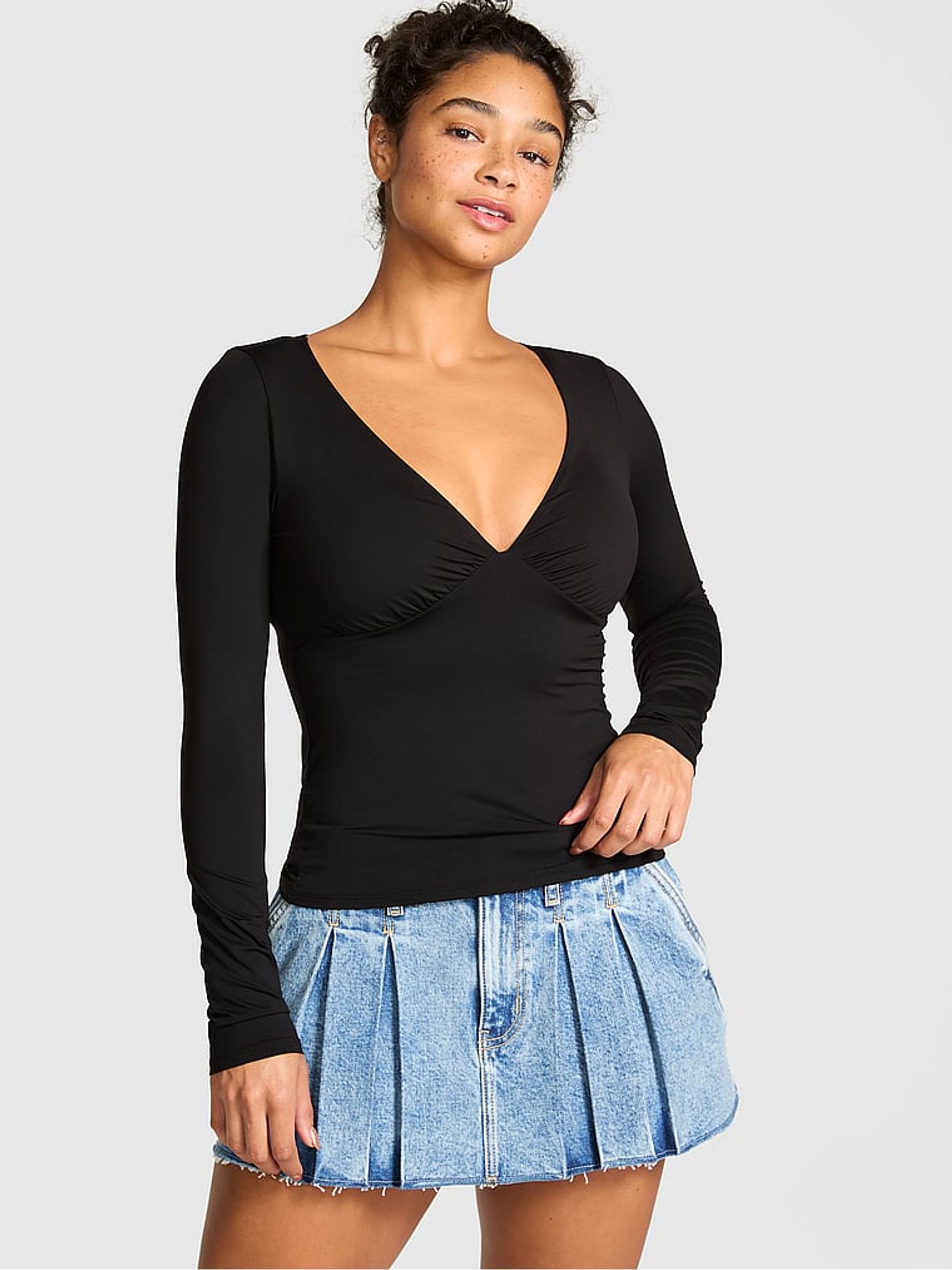 Pure Black Ruched Long Sleeve Stretch T-Shirt - Image 1 of 2