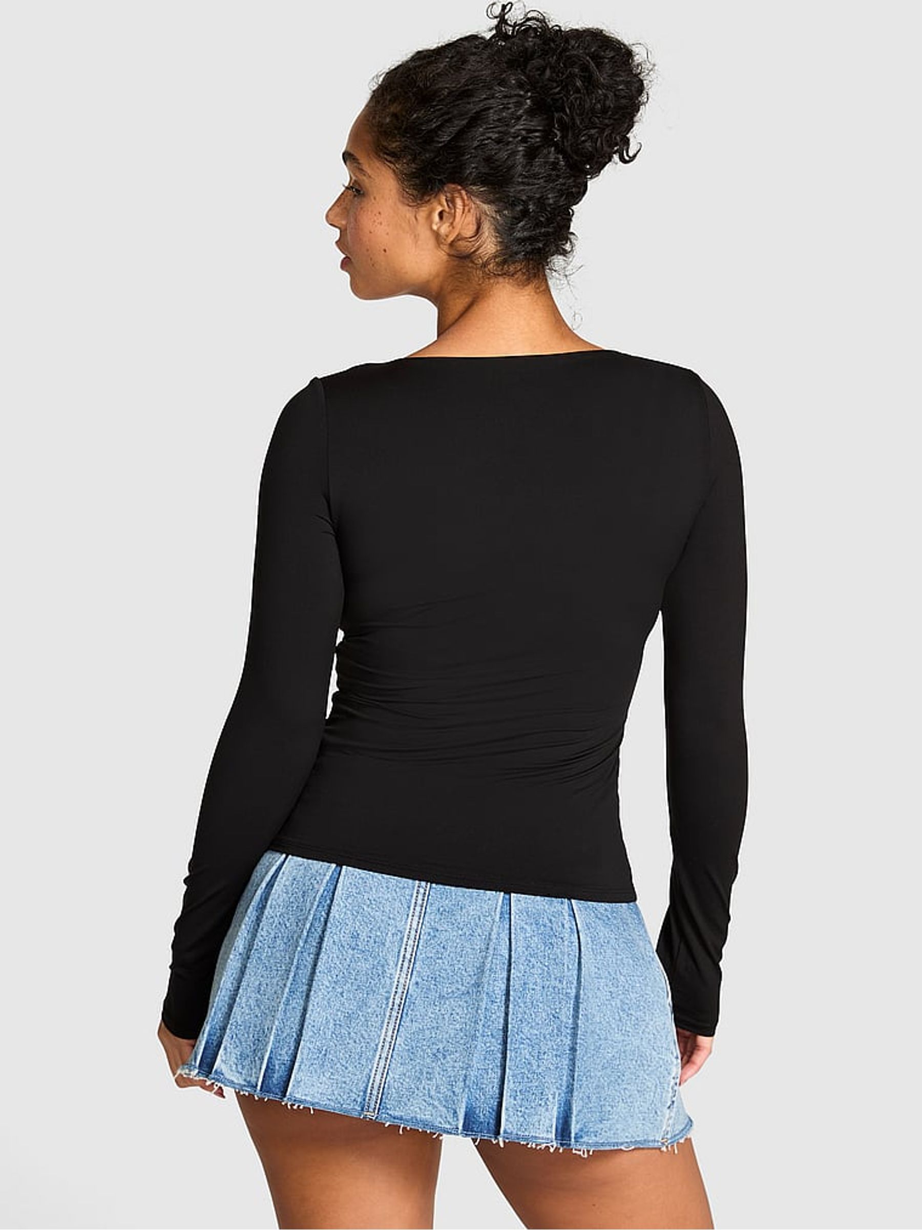 Pure Black Ruched Long Sleeve Stretch T-Shirt - Image 2 of 2