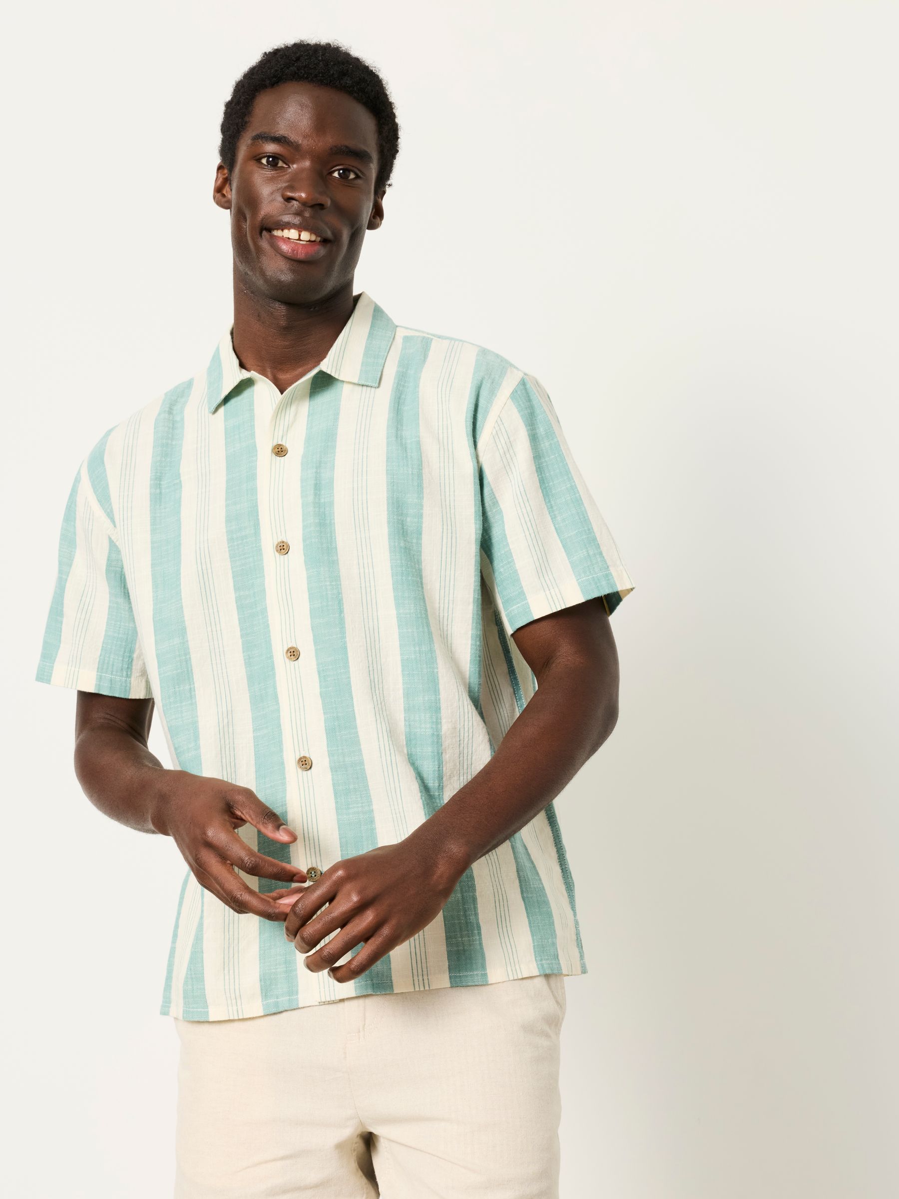 Light Teal Short Sleeve Relaxed Fit Cove Wide Stripe Shirt