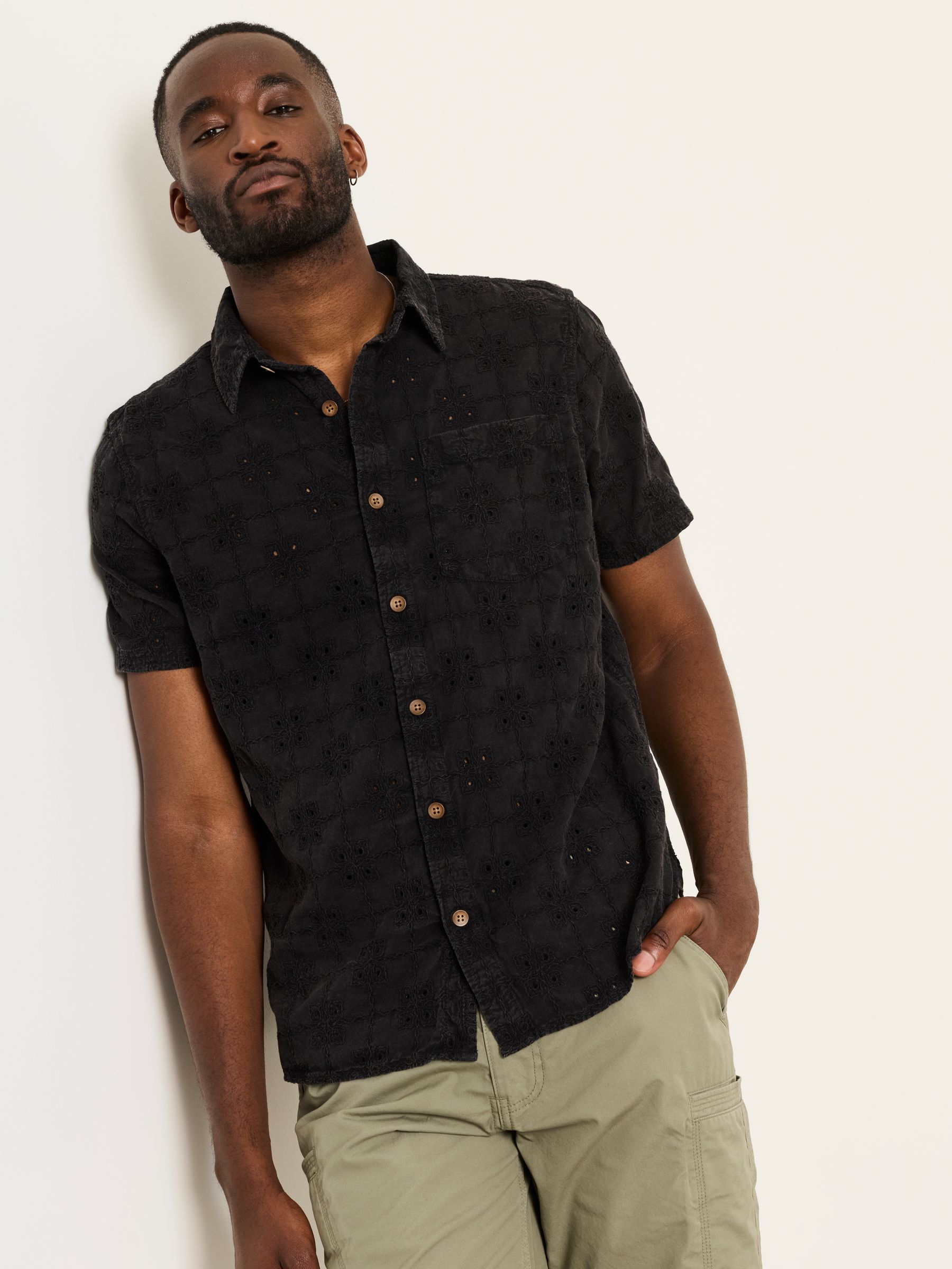 Washed Black Short Sleeve Broderie Geometric Pattern Shirt - Image 1 of 6