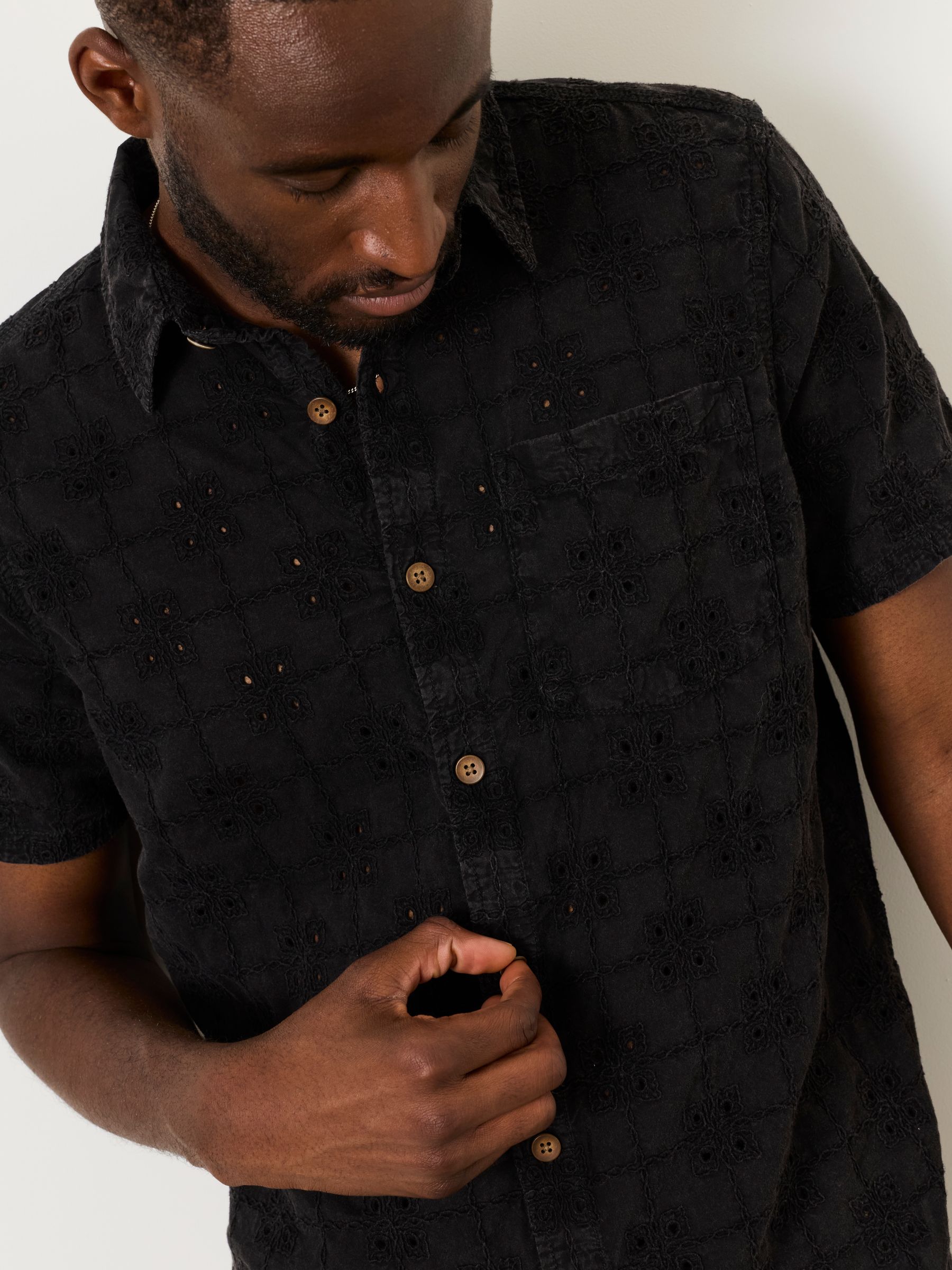 Washed Black Short Sleeve Broderie Geometric Pattern Shirt - Image 3 of 6