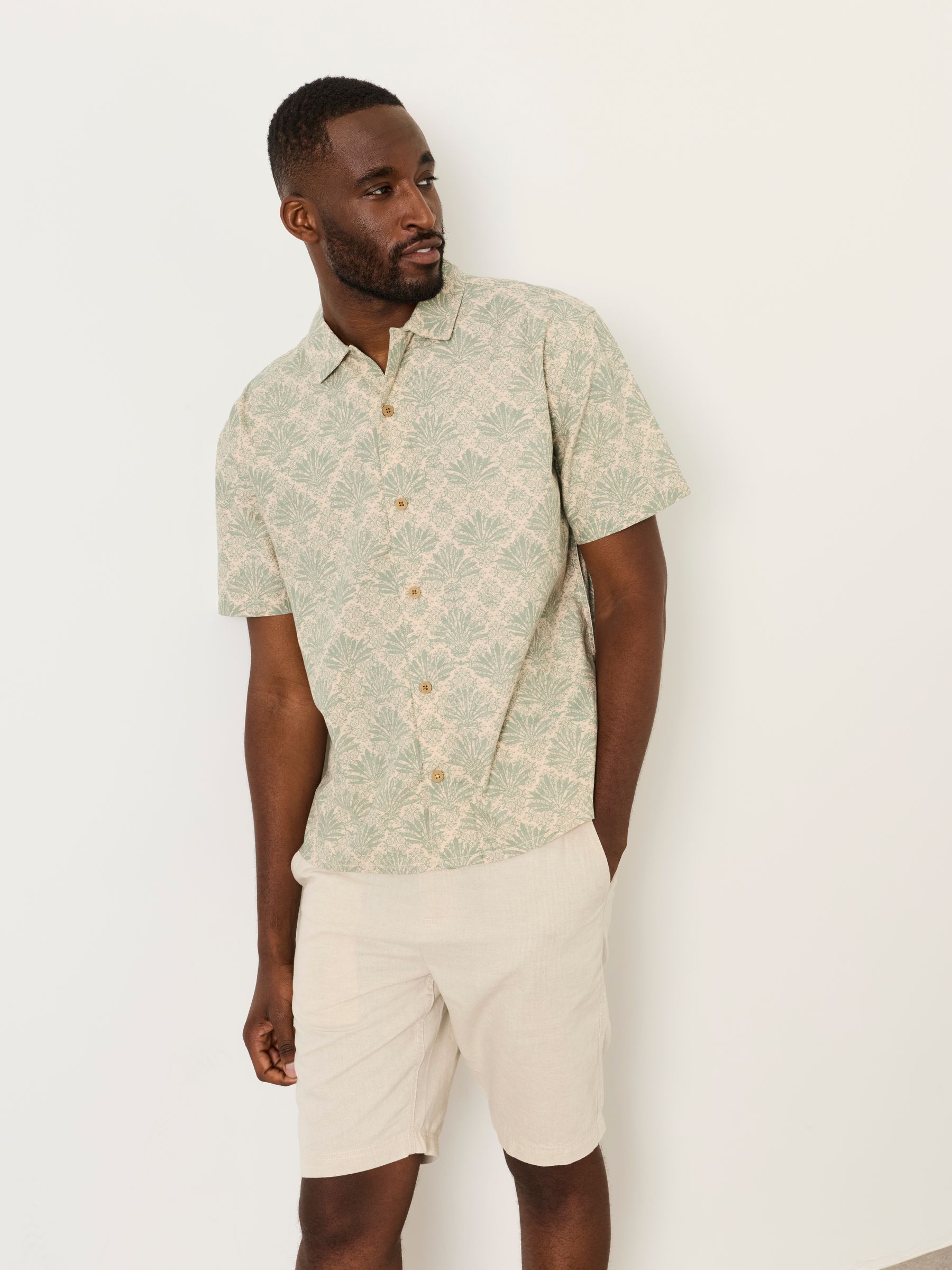 Green Haze Short Sleeve Relaxed Fit Deco Palm Print Shirt - Image 1 of 6