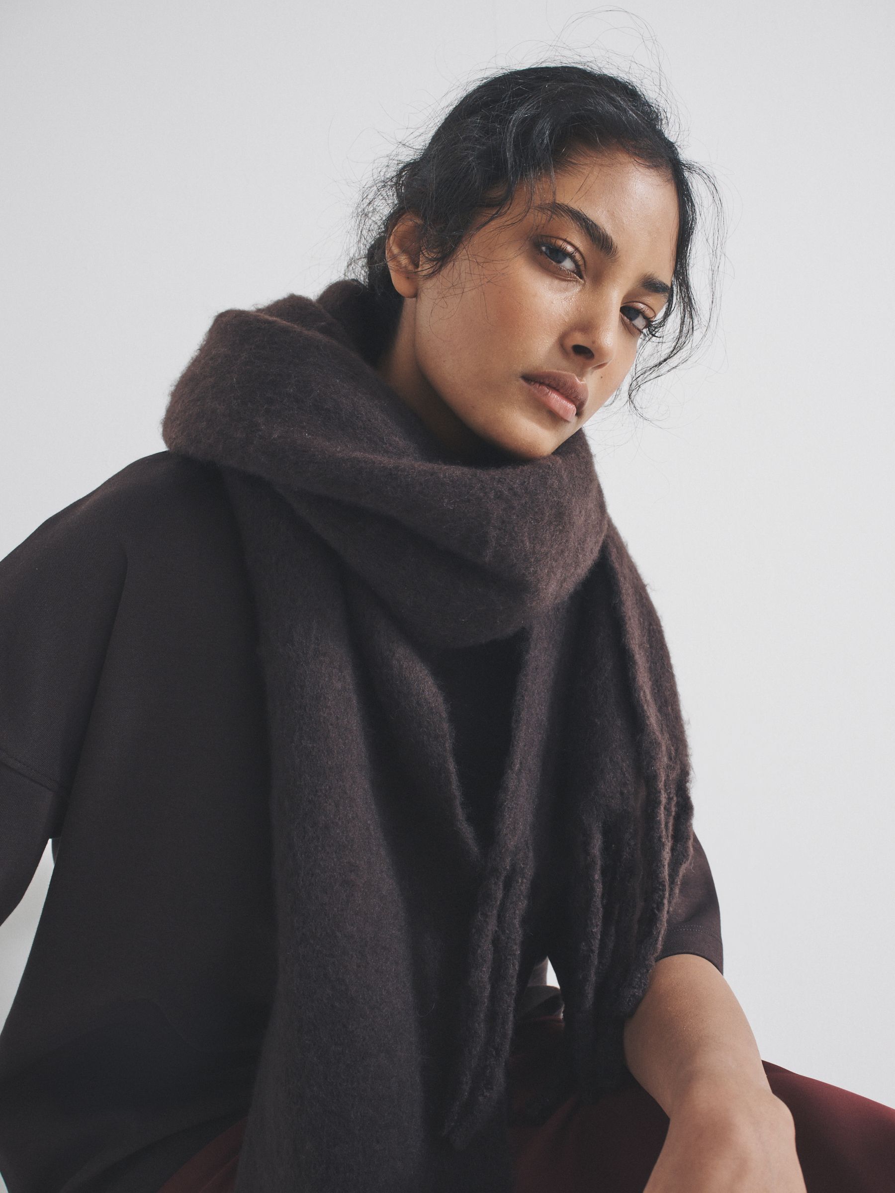 Check/Chocolate Brown 2 Pack Wide Check and Plain Scarfs - Image 1 of 6