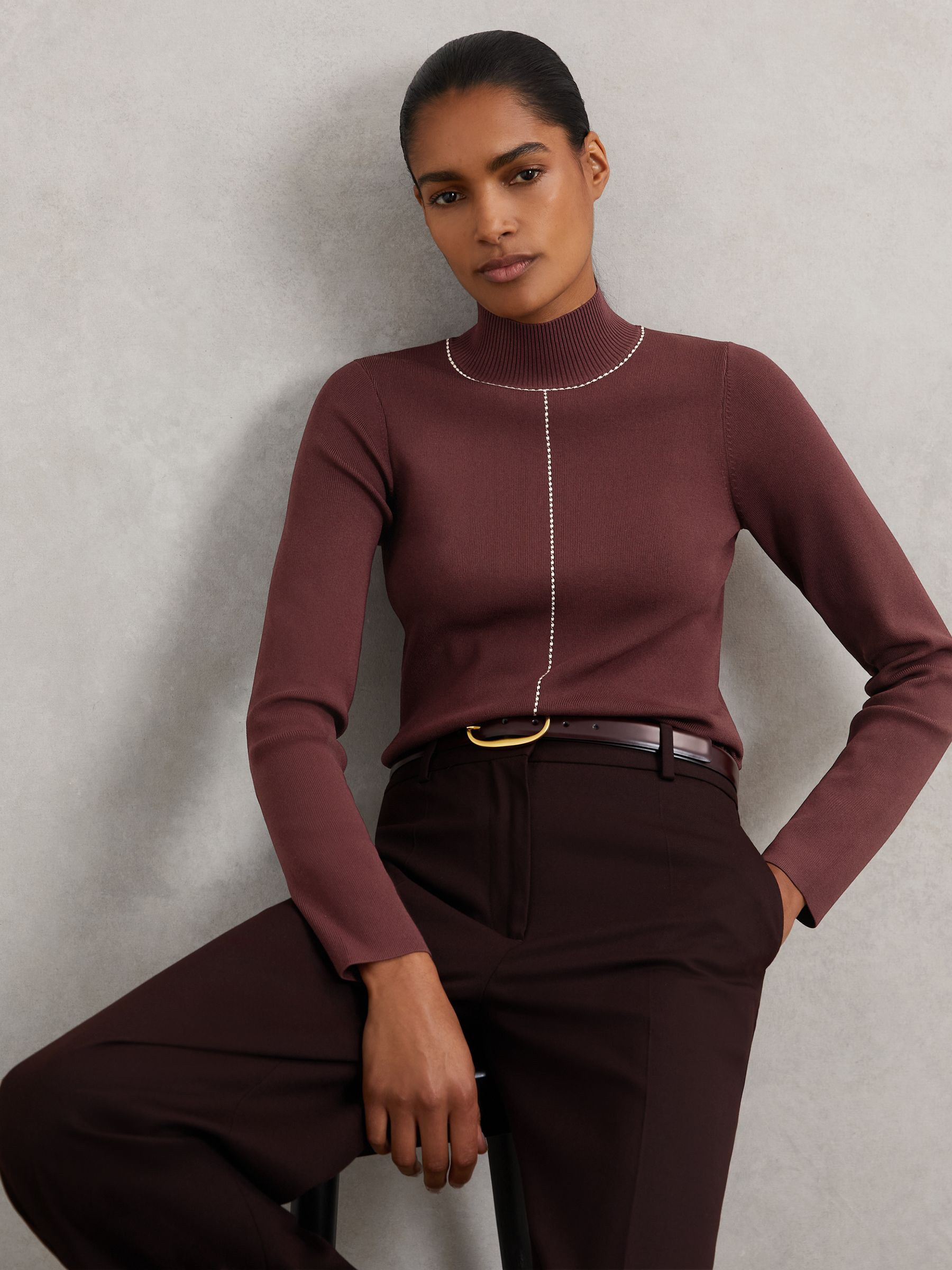 Stitch-Detail Funnel-Neck Jumper in Burgundy/Camel - Image 1 of 6