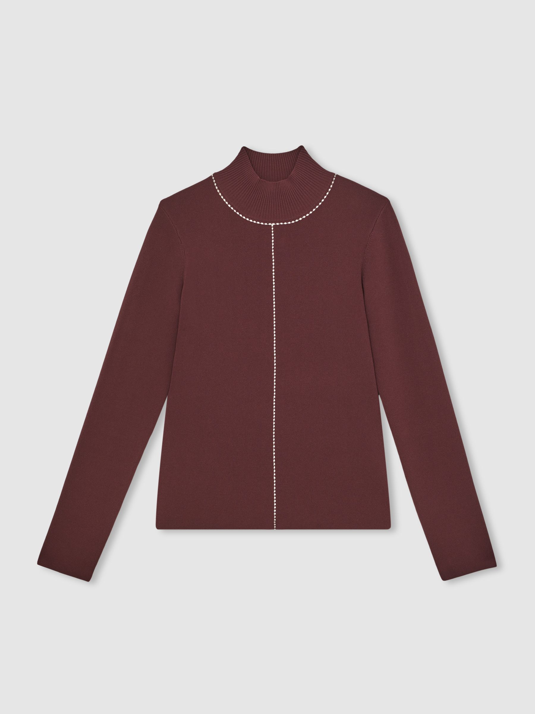 Stitch-Detail Funnel-Neck Jumper in Burgundy/Camel - Image 2 of 6
