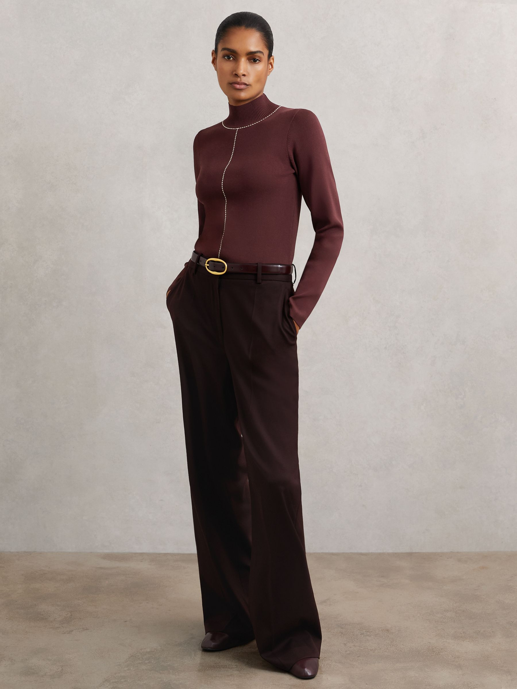 Stitch-Detail Funnel-Neck Jumper in Burgundy/Camel - Image 3 of 6