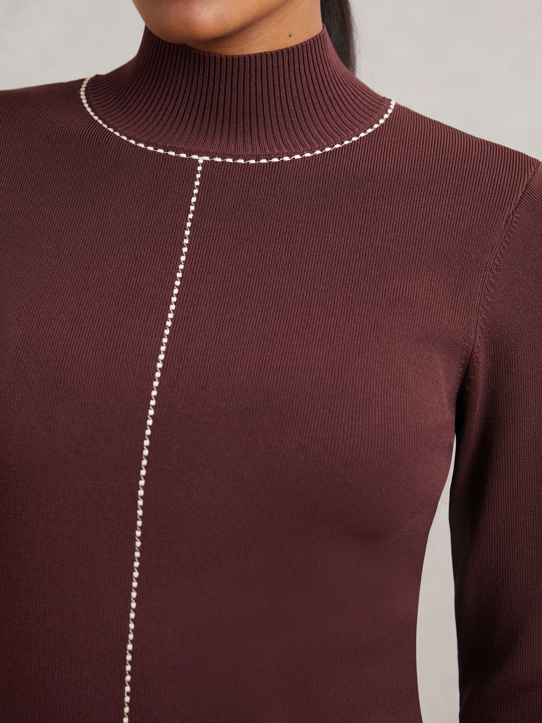 Stitch-Detail Funnel-Neck Jumper in Burgundy/Camel - Image 4 of 6