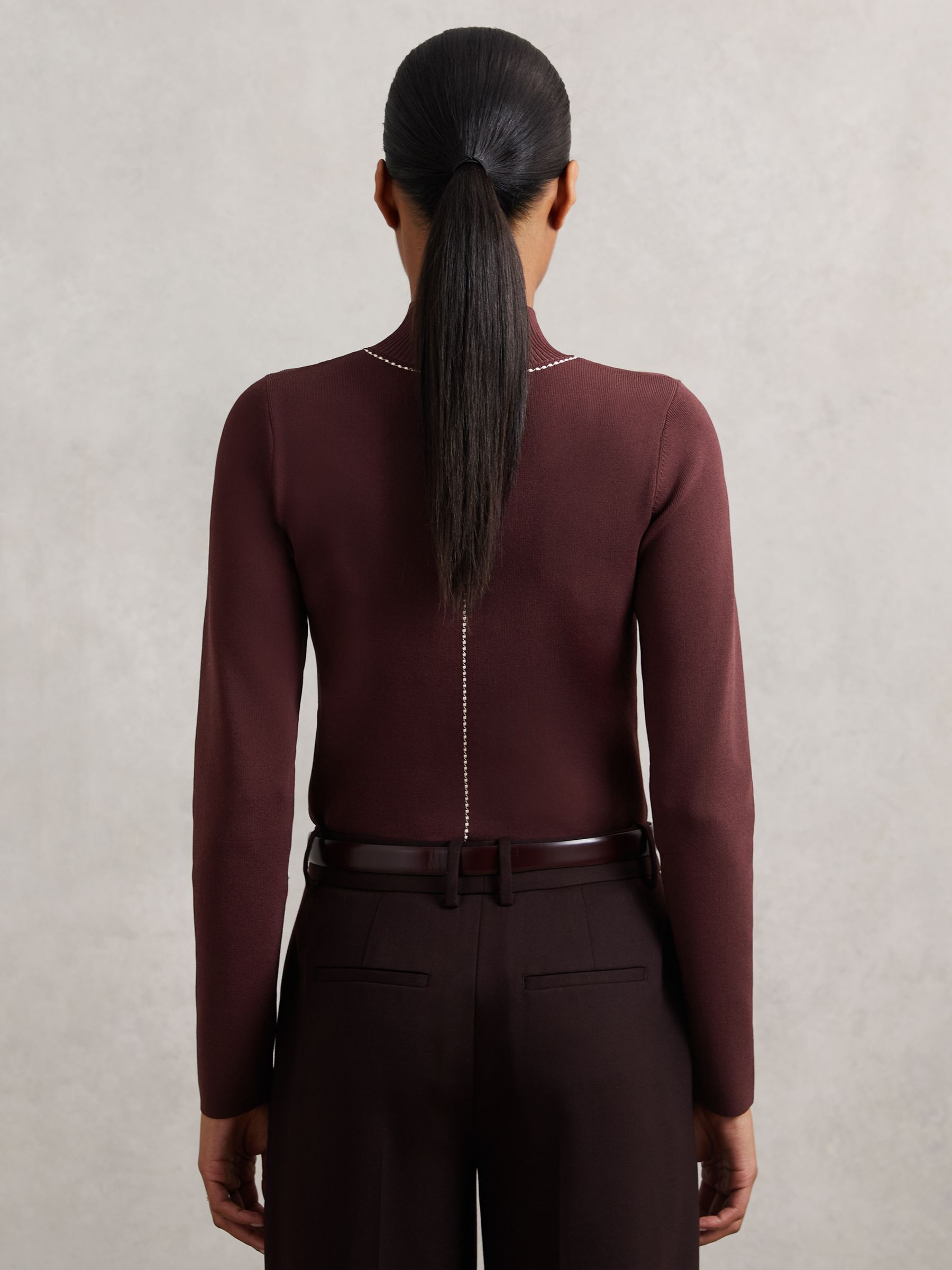 Stitch-Detail Funnel-Neck Jumper in Burgundy - image 4