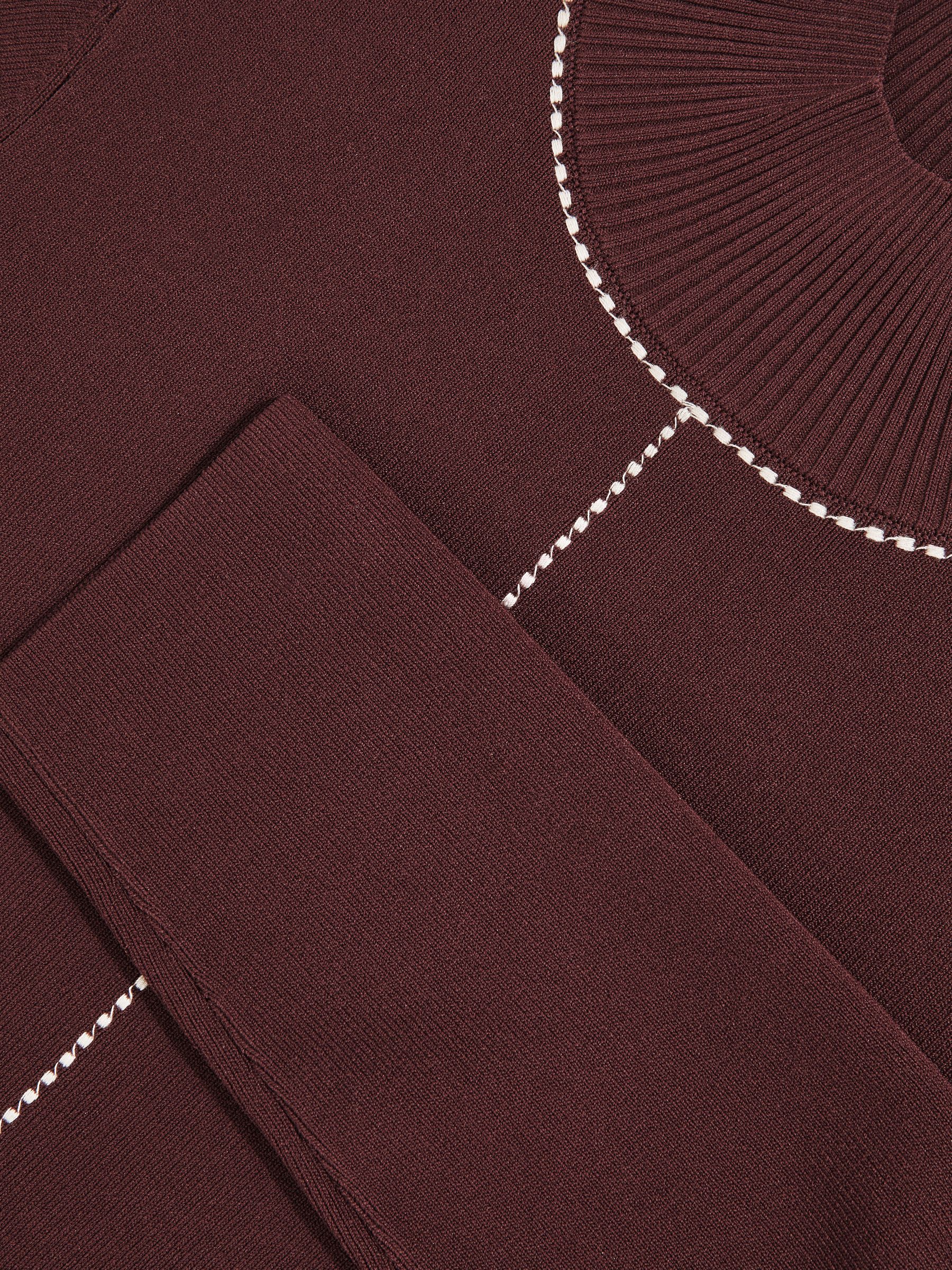 Stitch-Detail Funnel-Neck Jumper in Burgundy/Camel - Image 6 of 6