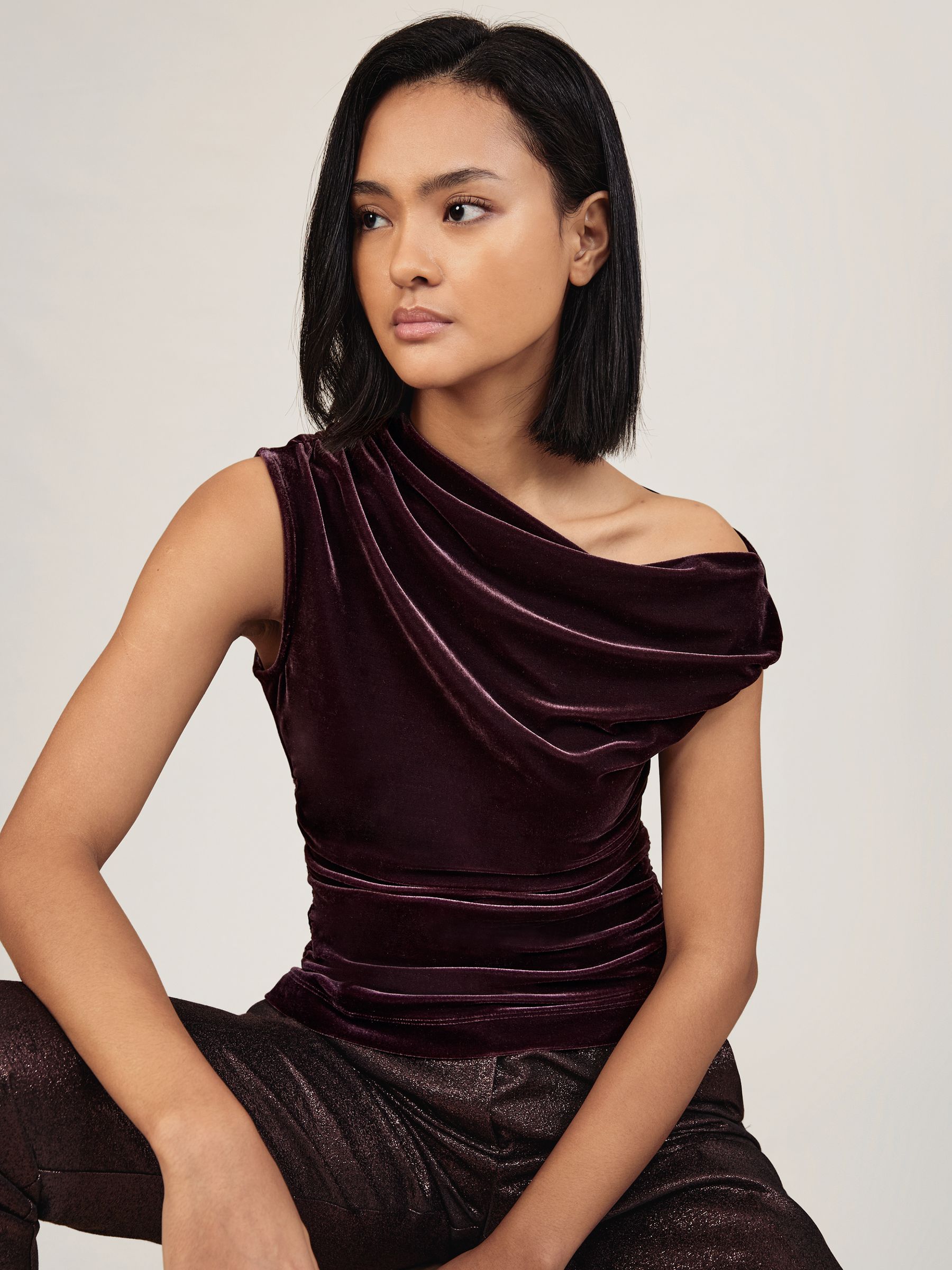 Velvet Off-Shoulder Top in Plum Purple - Image 1 of 6
