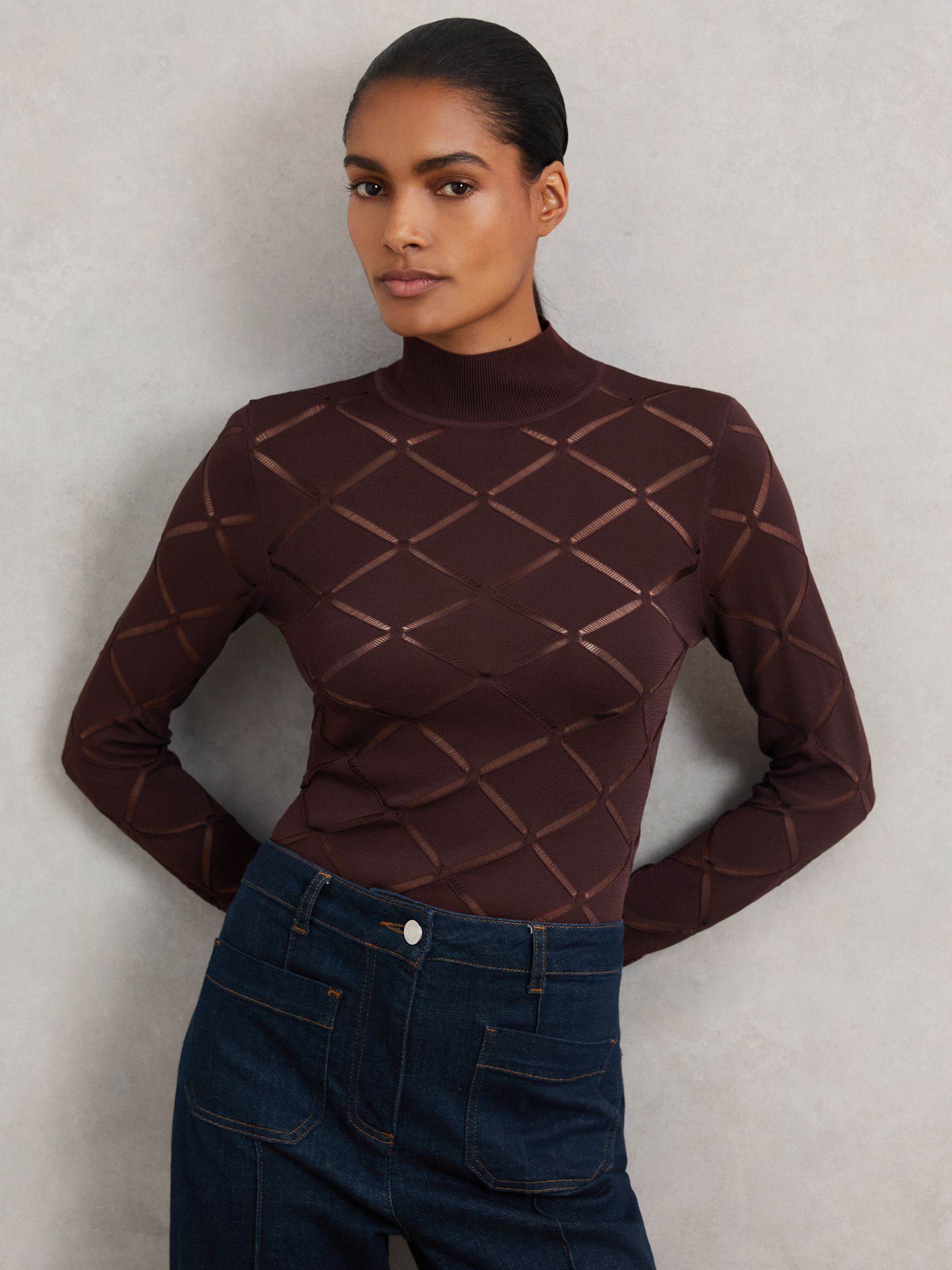 Laser-Cut Funnel-Neck Knit Top in Burgundy - Image 1 of 7