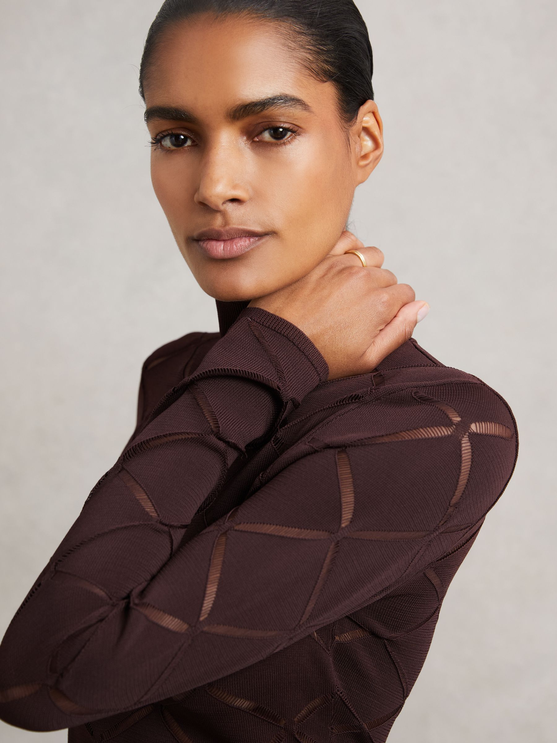 Laser-Cut Funnel-Neck Knit Top in Burgundy - Image 3 of 7
