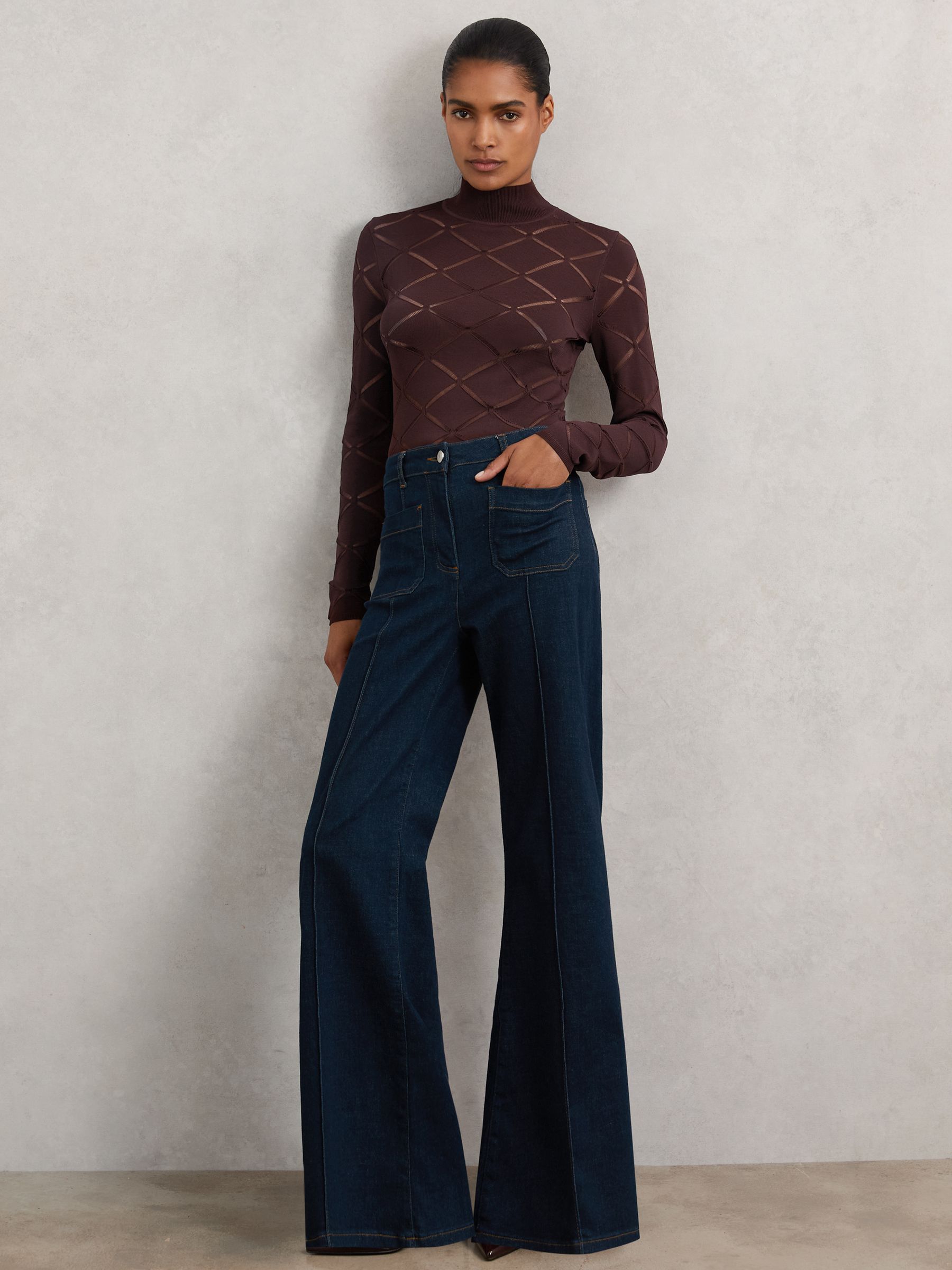 Laser-Cut Funnel-Neck Knit Top in Burgundy - Image 4 of 7