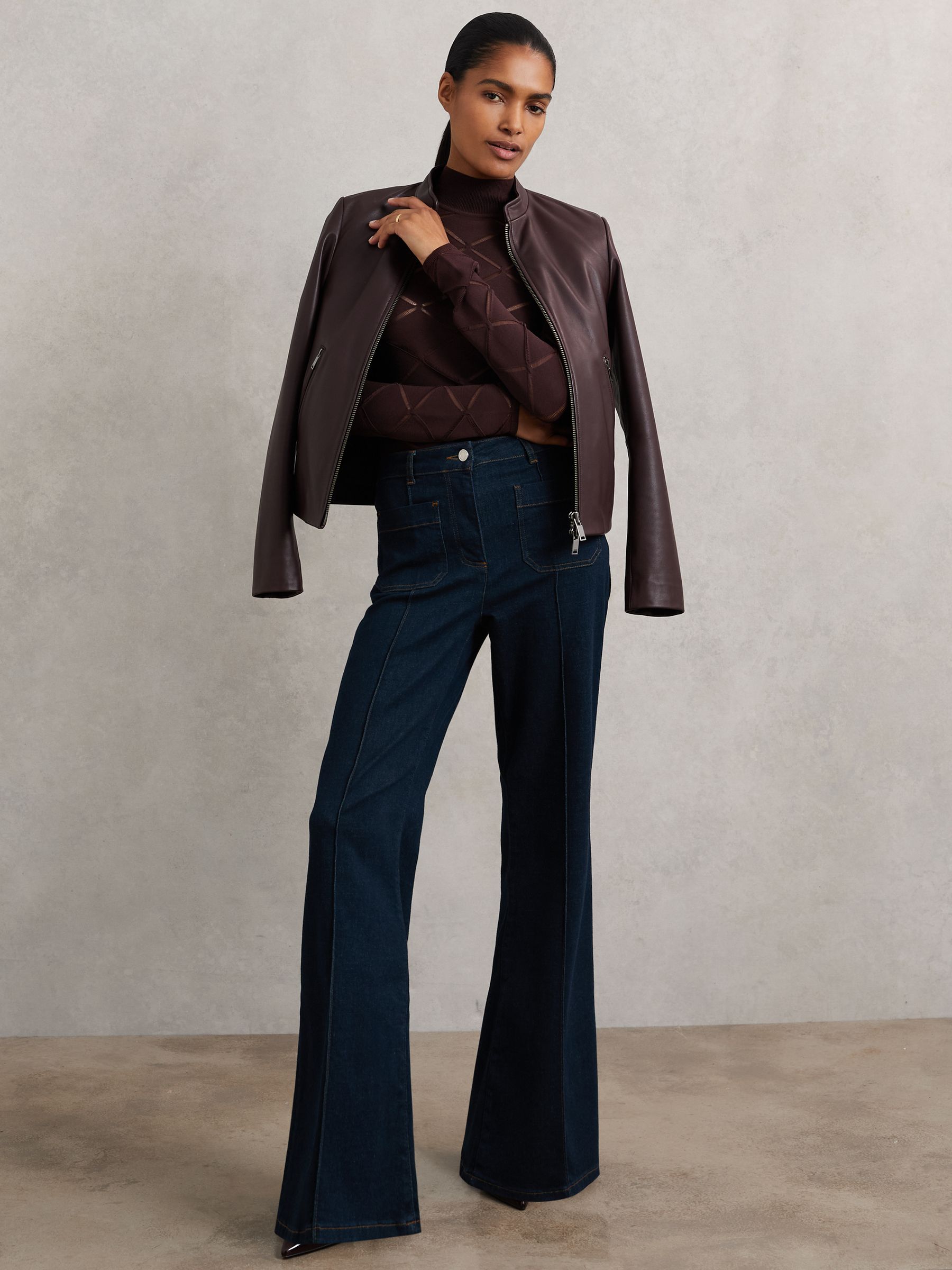 Laser-Cut Funnel-Neck Knit Top in Burgundy - Image 5 of 7