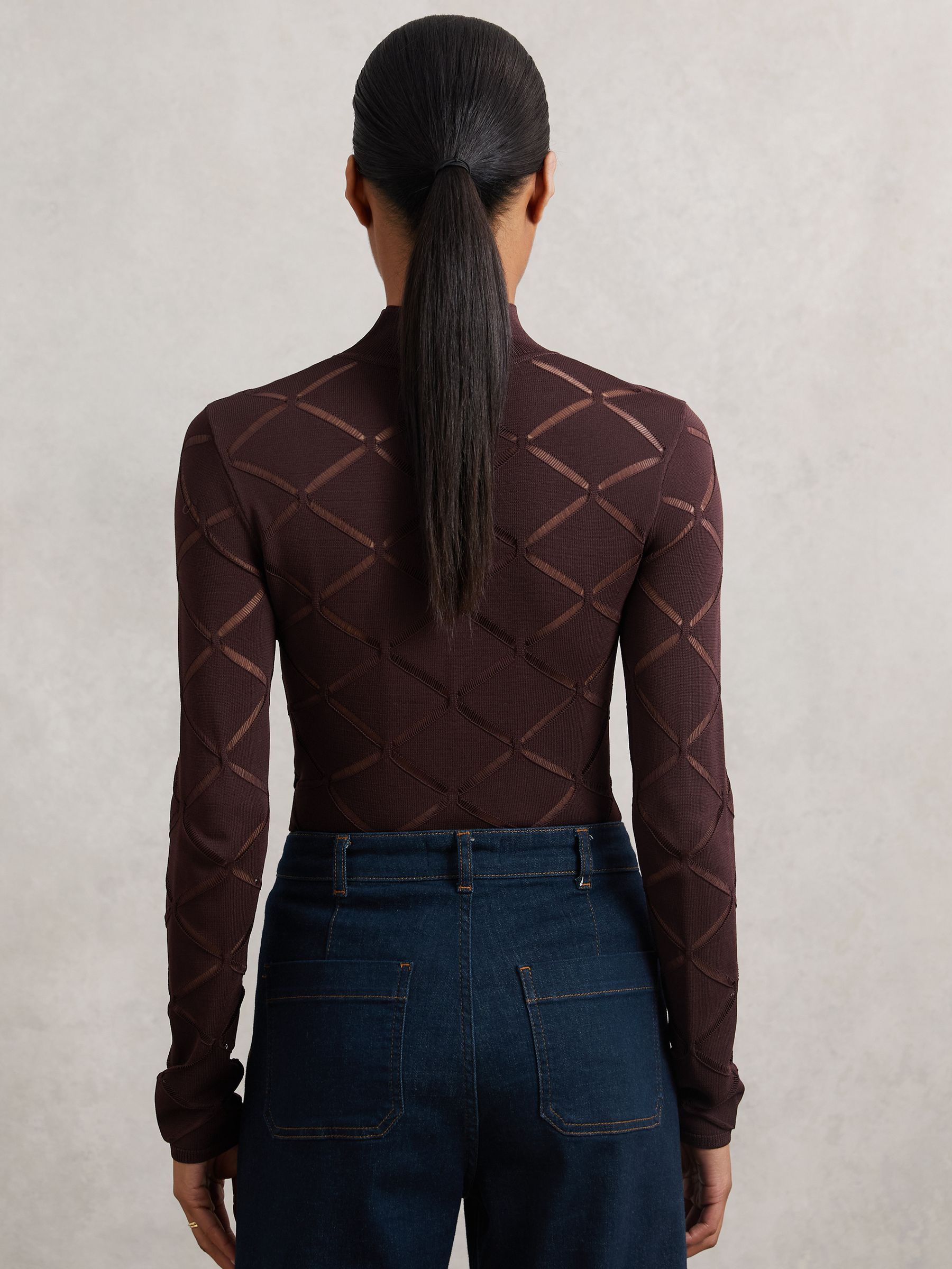 Laser-Cut Funnel-Neck Knit Top in Burgundy - image 4