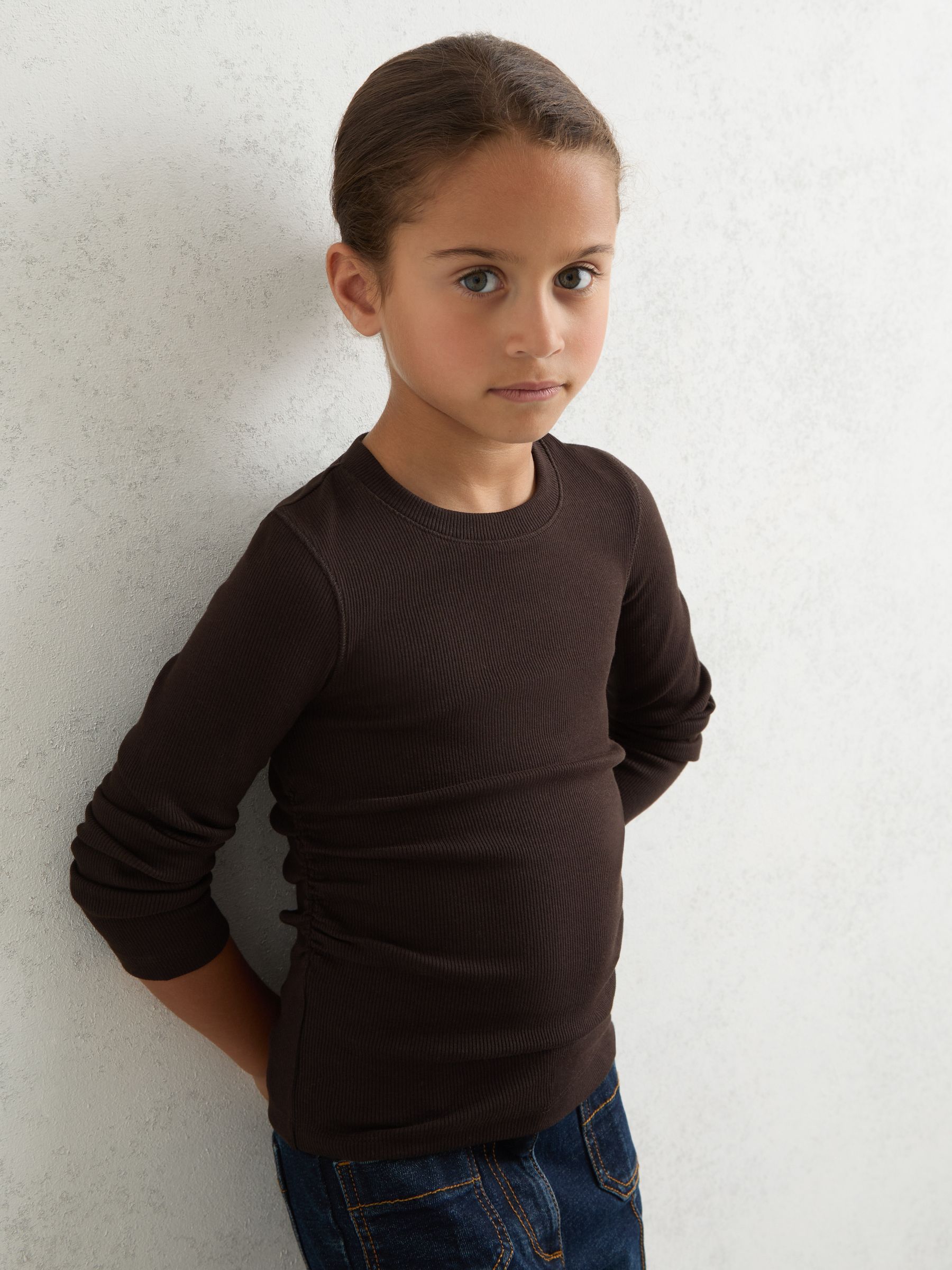 4-9 yrs Cotton Ruched Long-Sleeve T-Shirt with Stretch in Chocolate - Image 1 of 4