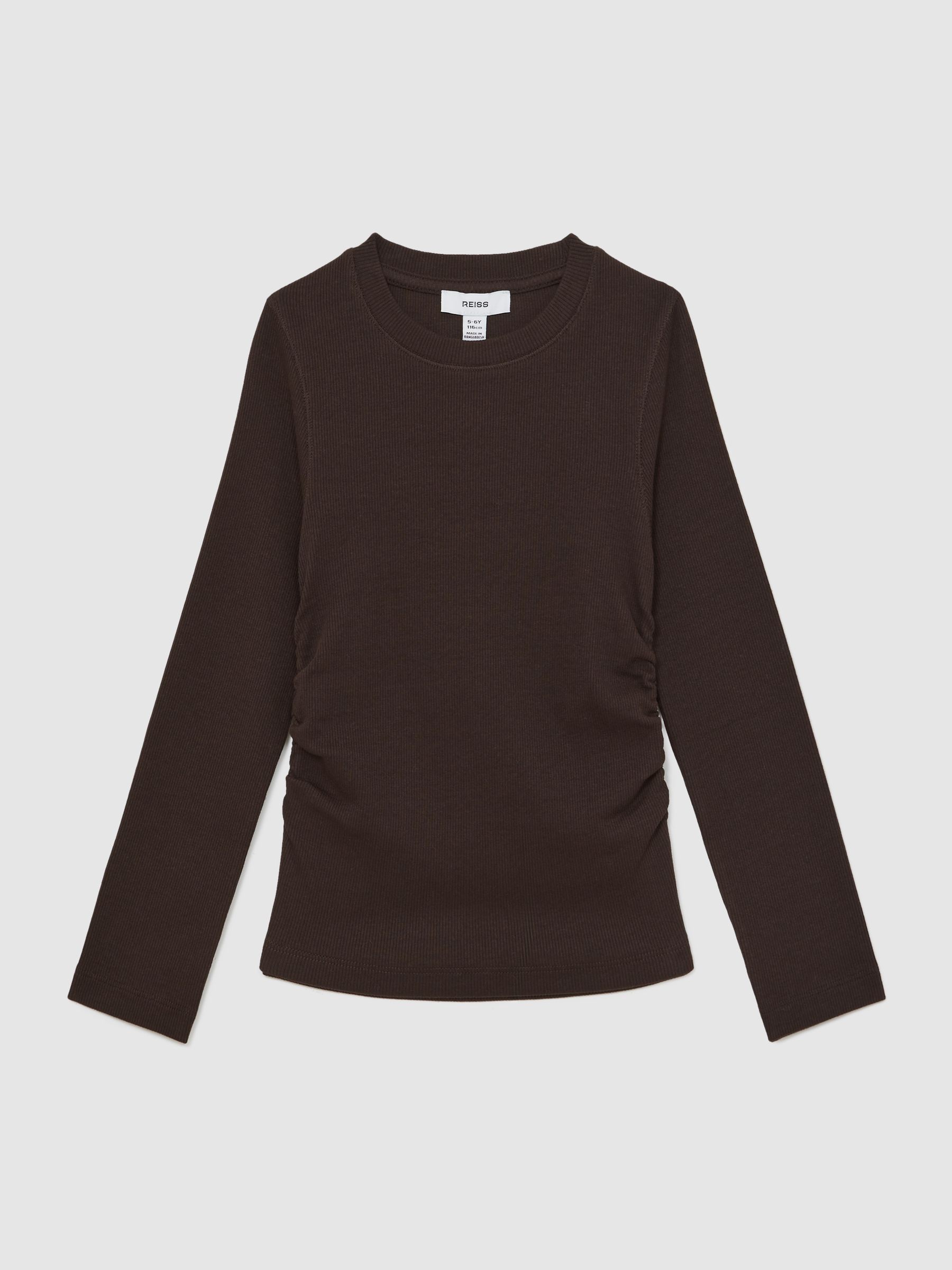 4-9 yrs Cotton Ruched Long-Sleeve T-Shirt with Stretch in Chocolate - Image 2 of 4